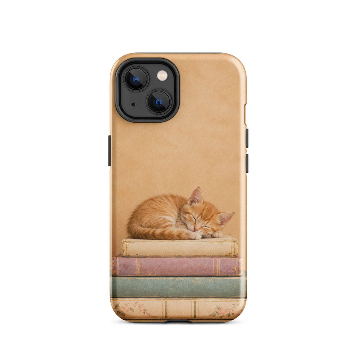 Phone Case featuring sleeping kitten on vintage books, perfect accessory for iPhone with cozy and charming design.