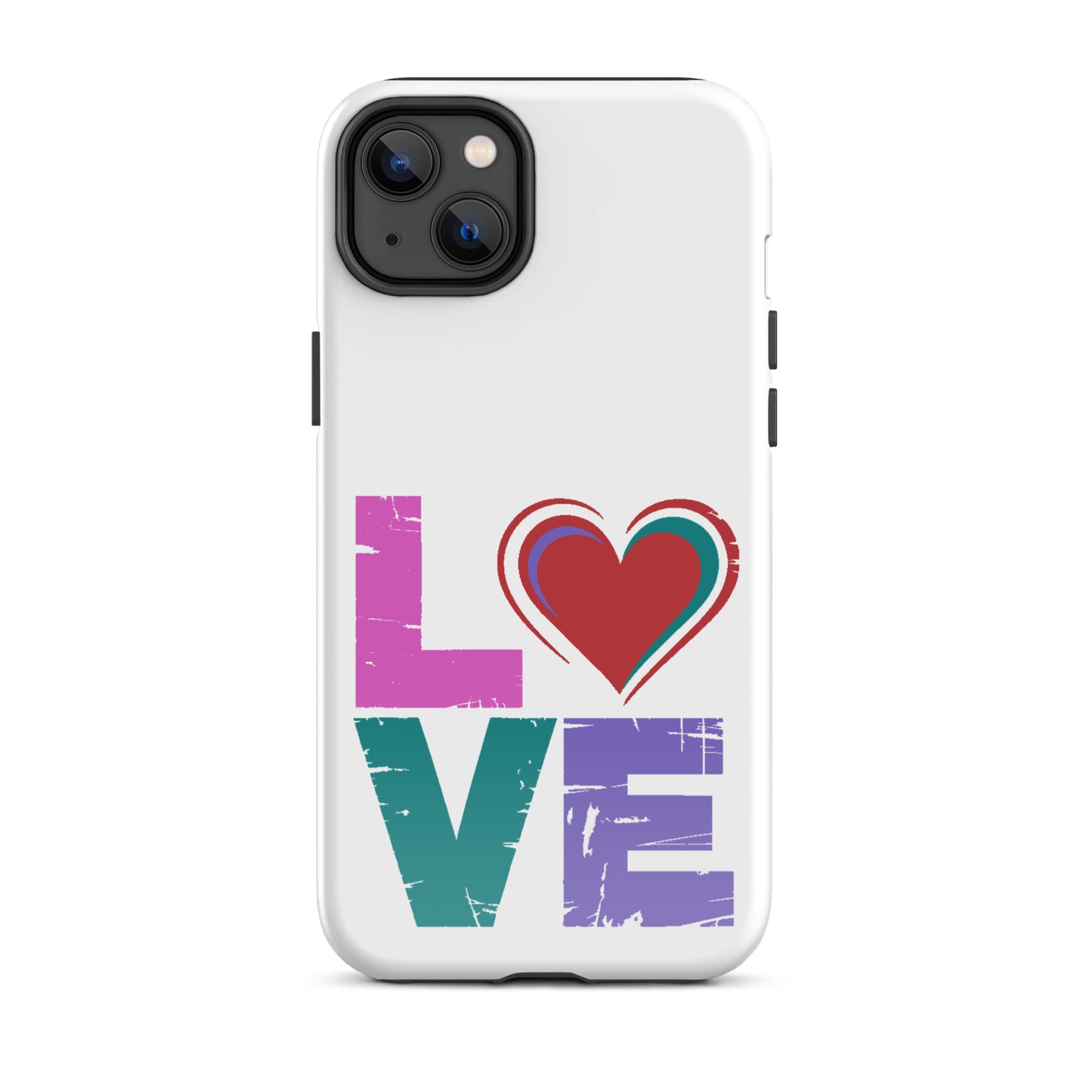 Love Tough Dual Layerd Case for iPhones featuring colorful 'LOVE' design with heart.