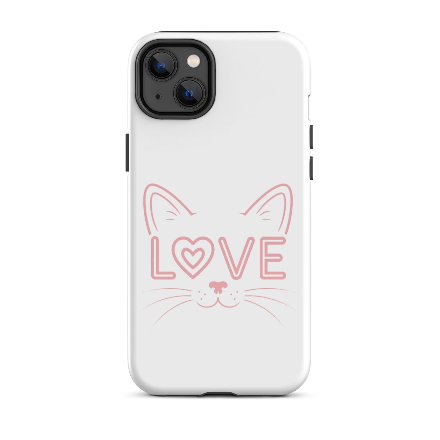 Cat Love phone case for iPhone featuring minimalist cat face outline and word love accent.