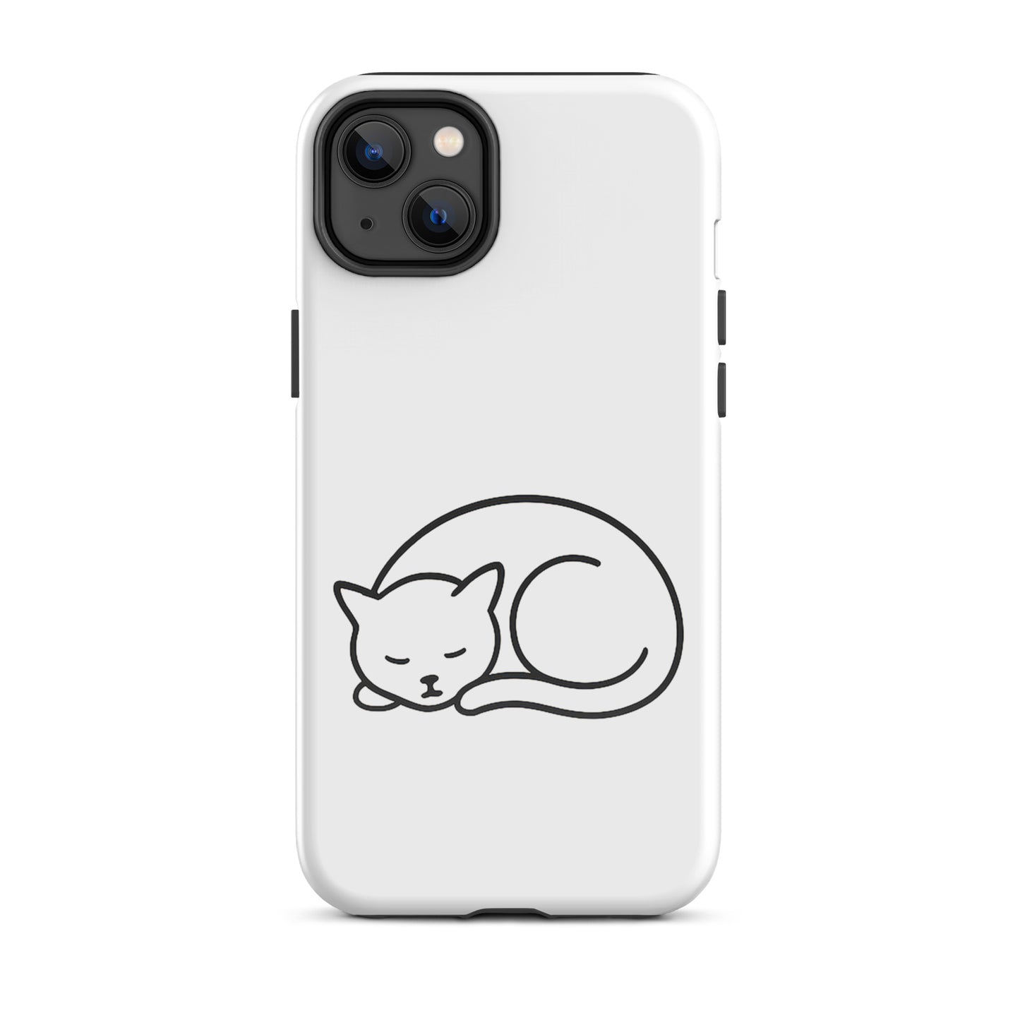 Phone case for iPhone featuring a minimalist curled-up cat design on a sleek white background.