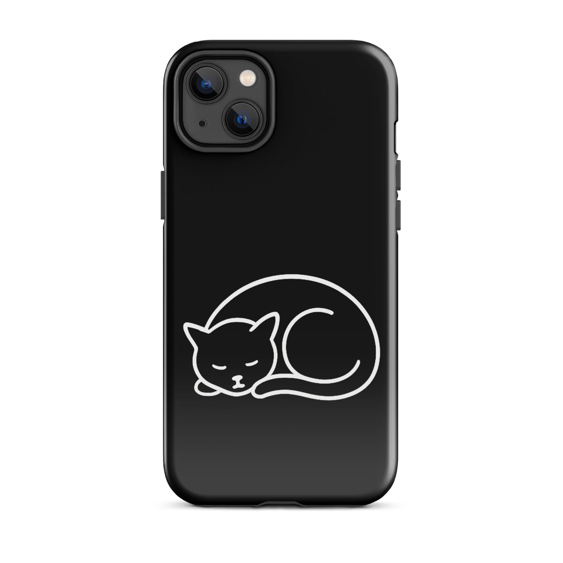 Phone case for iPhone featuring a minimalist curled-up cat design on a black background.
