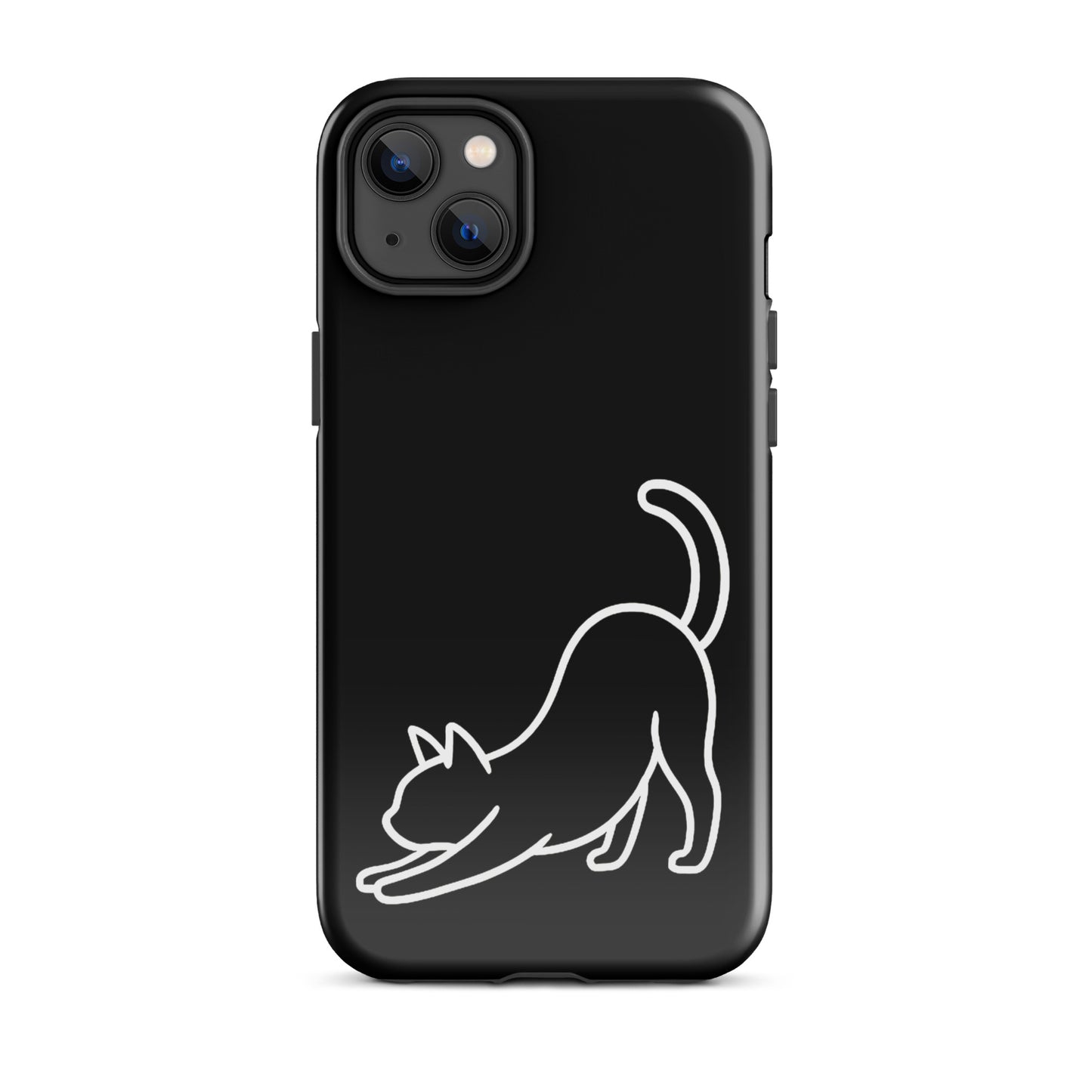 Phone Case featuring a minimalist stretching cat design on a sleek black background for dual-layer protection.