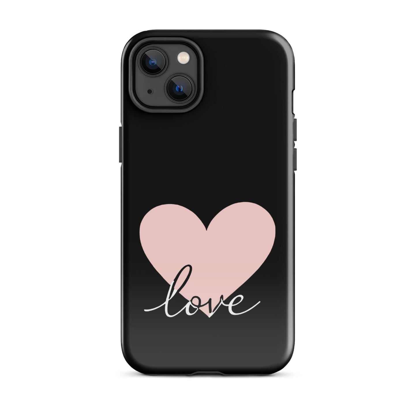 Phone Case for iPhone featuring a pink heart and script 'love' on a sleek black background.