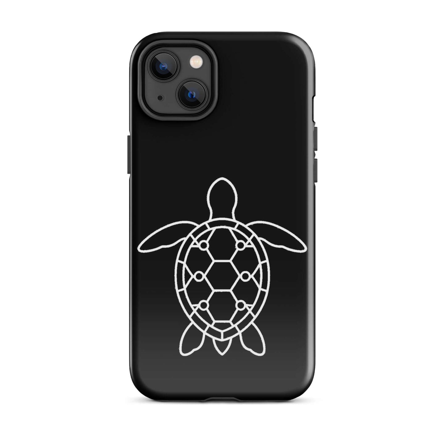 Phone case featuring a minimalist sea turtle silhouette with a geometric pattern on a sleek black background.