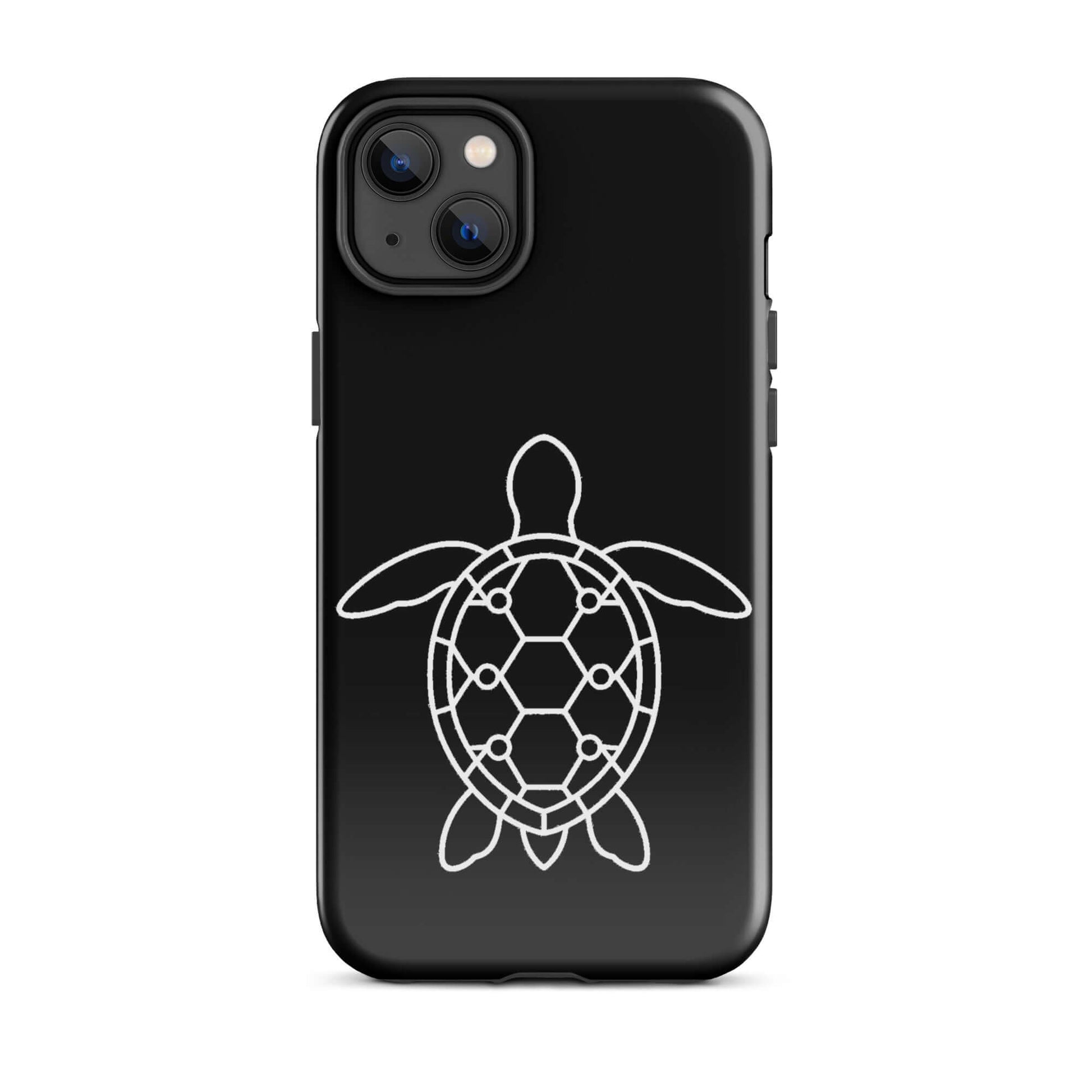 Phone case featuring a minimalist sea turtle silhouette with a geometric pattern on a sleek black background.
