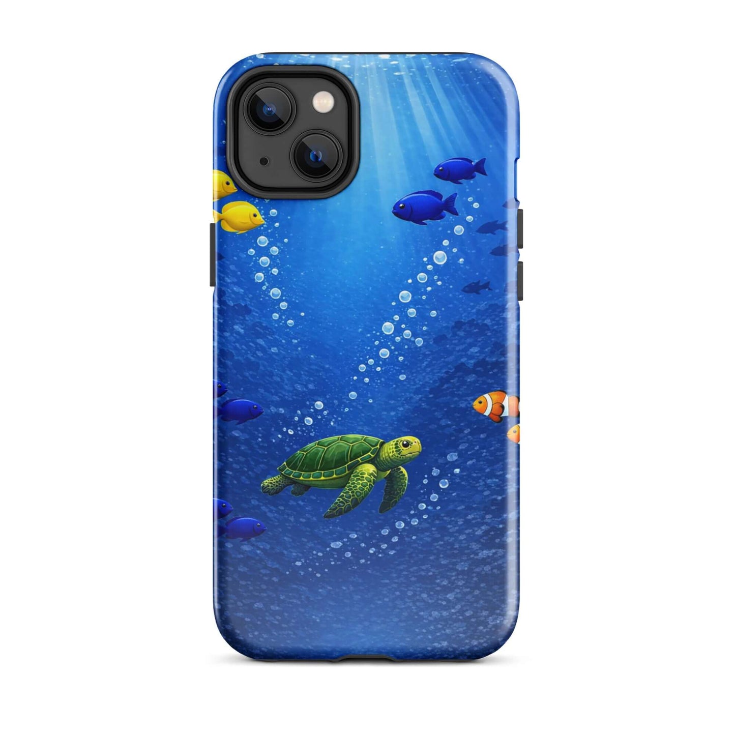 Phone Case for iPhone featuring a sea turtle and vibrant fish design in deep blue water.