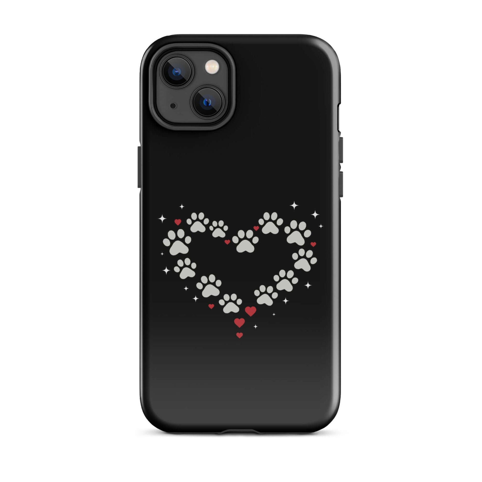 Phone Case for iPhone featuring a paw-print heart design on a black background, perfect for pet lovers.