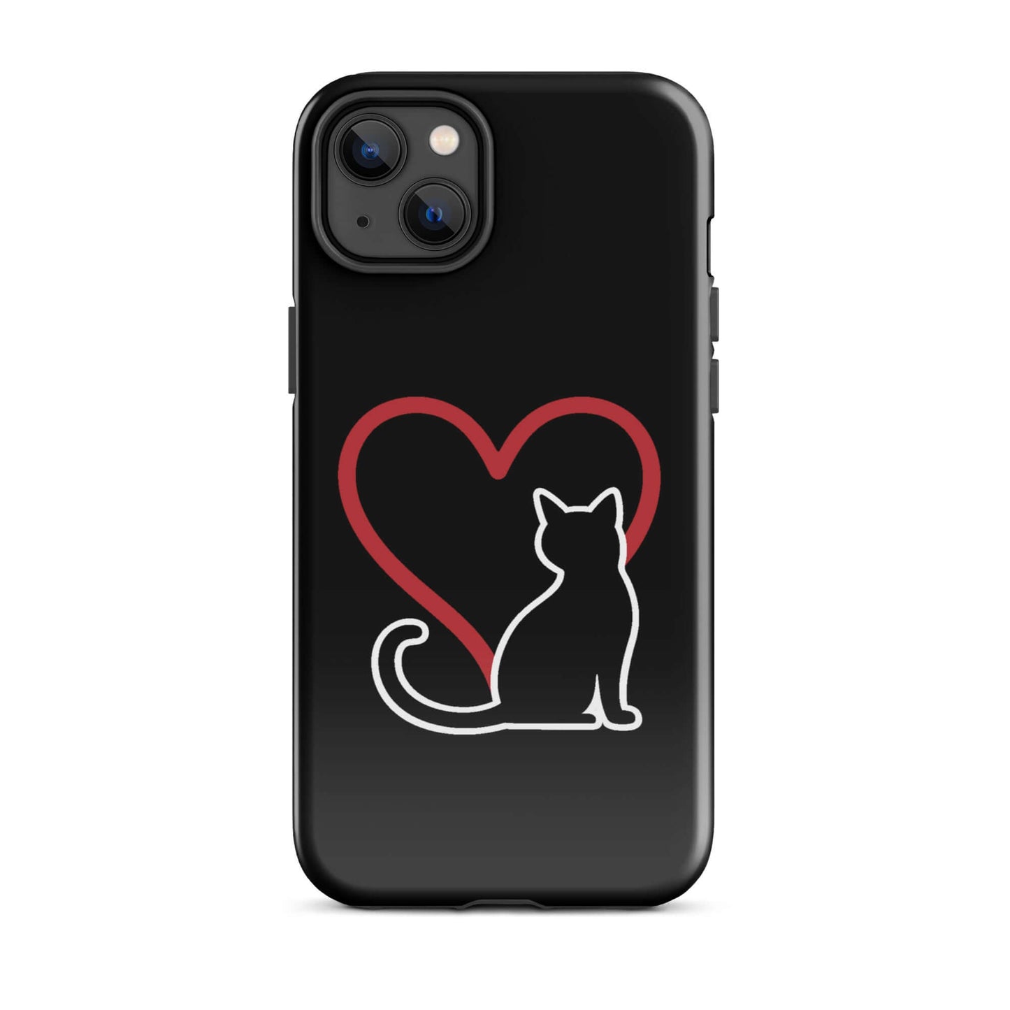 Phone Case for iPhone featuring a minimalist cat design and a red heart on a black background.