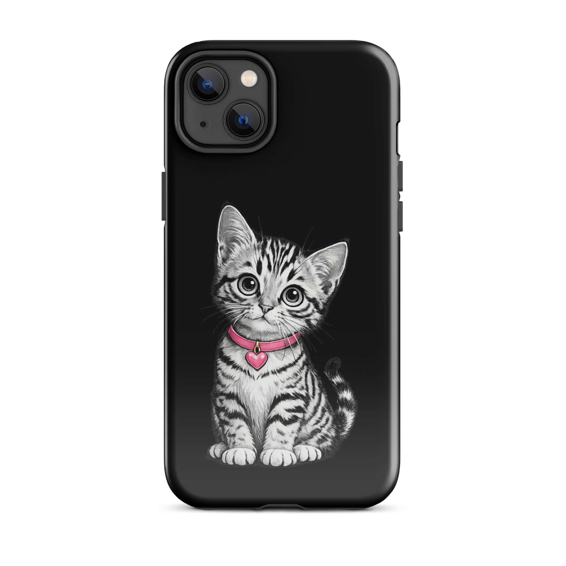 Phone Case for iPhone with pencil sketch kitten design and pink heart charm, offering stylish protection and artistic flair.