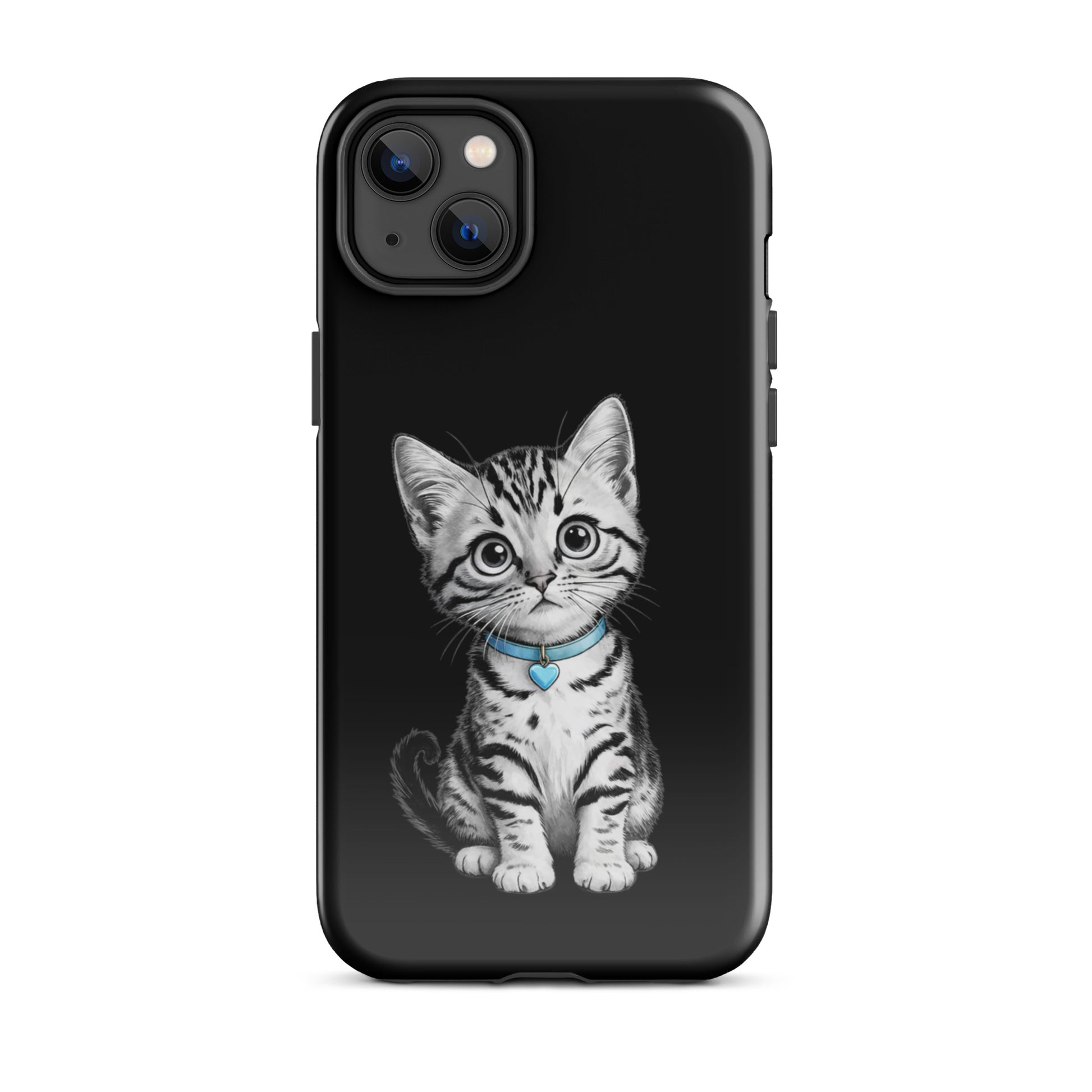 Phone Case for iPhone with kitten sketch and blue heart charm, offering stylish protection with artistic black-and-white design.