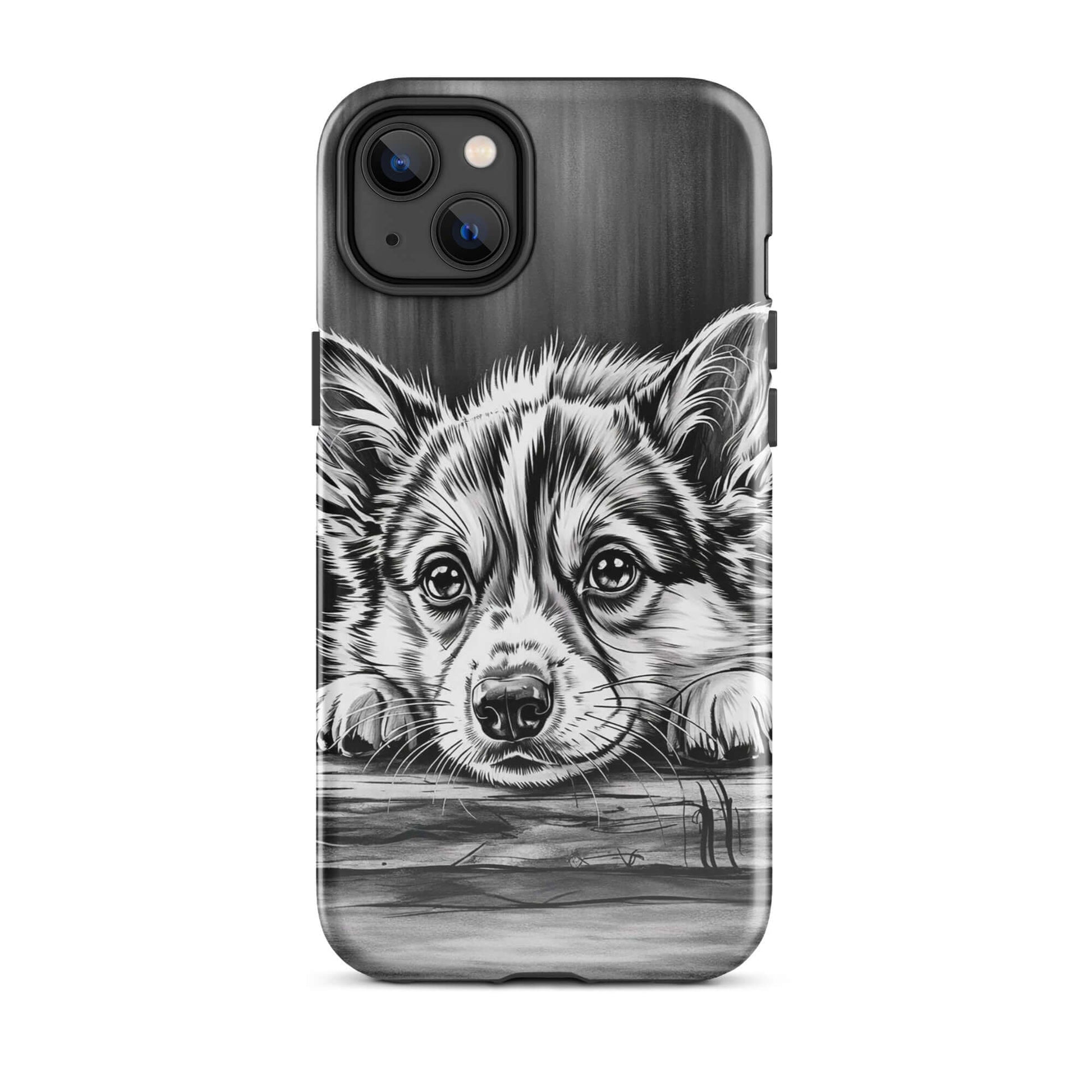 Phone Case with elegant puppy art, featuring black-and-white illustration of a puppy on wood, combining charm and premium protection.