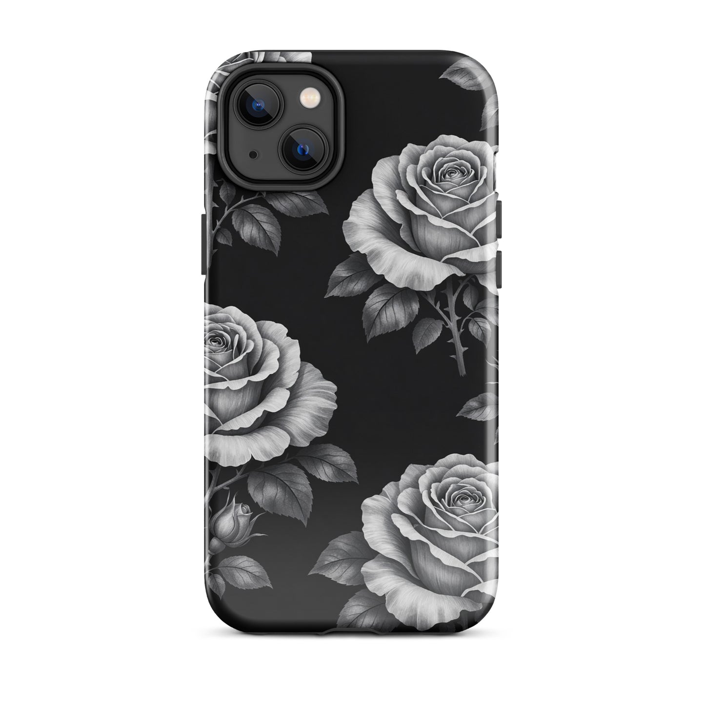 Phone Case for iPhone with hand-sketched rose design on black background, Rose Garden Tough Case