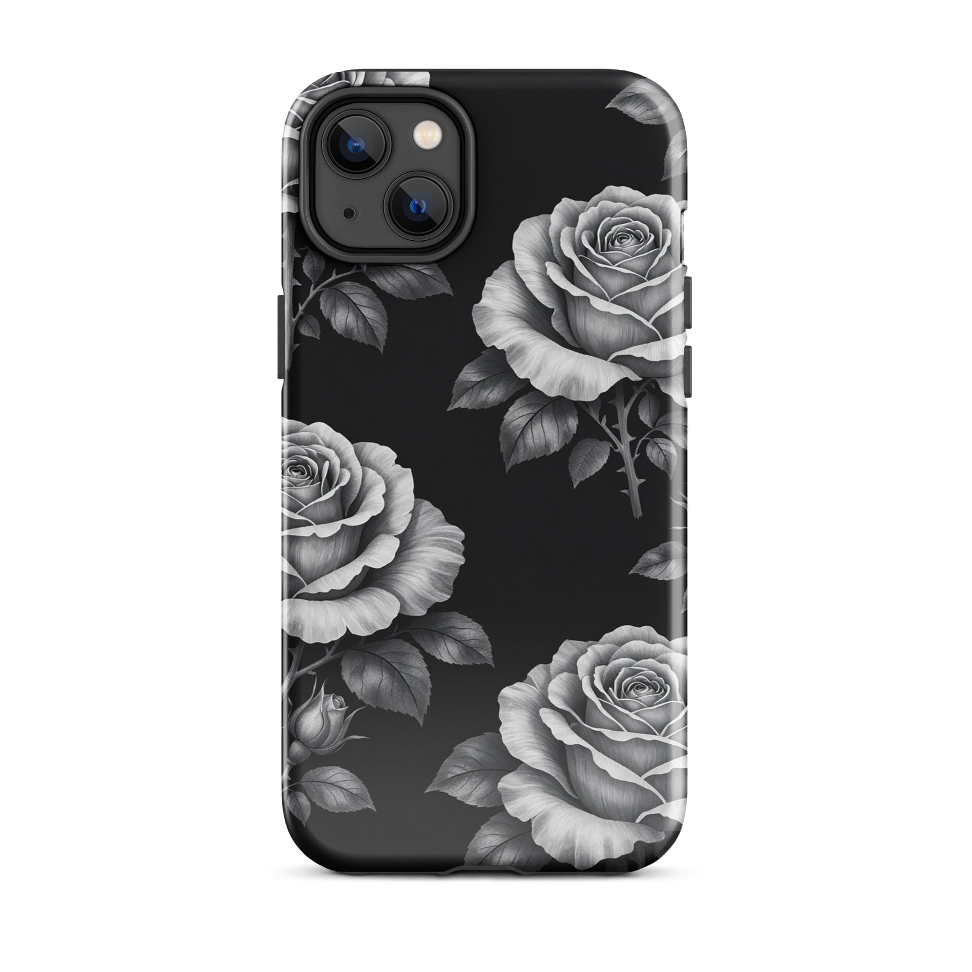 Phone Case for iPhone with hand-sketched rose design on black background, Rose Garden Tough Case