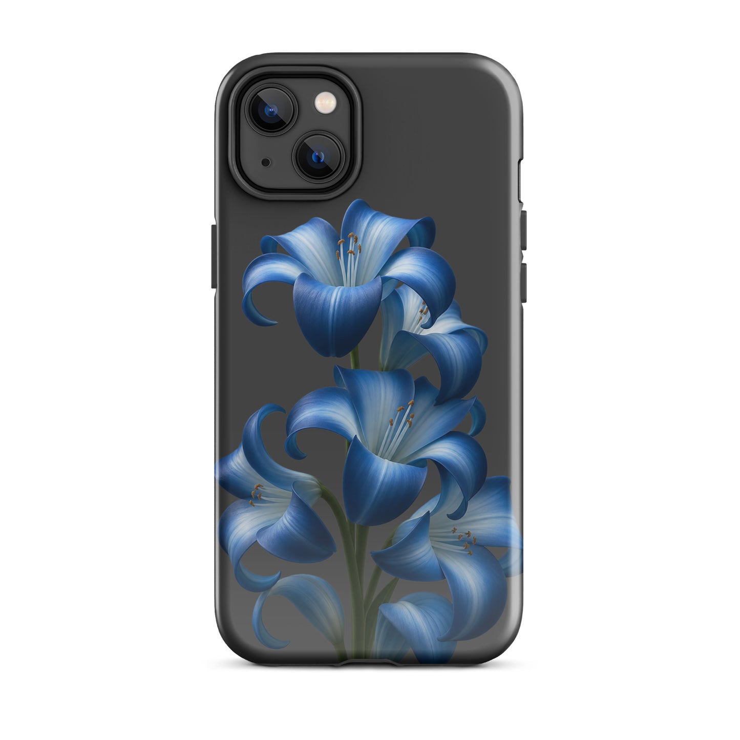 Phone Case for iPhone with blue lily bloom art on dark background, showcasing tough and stylish protection.