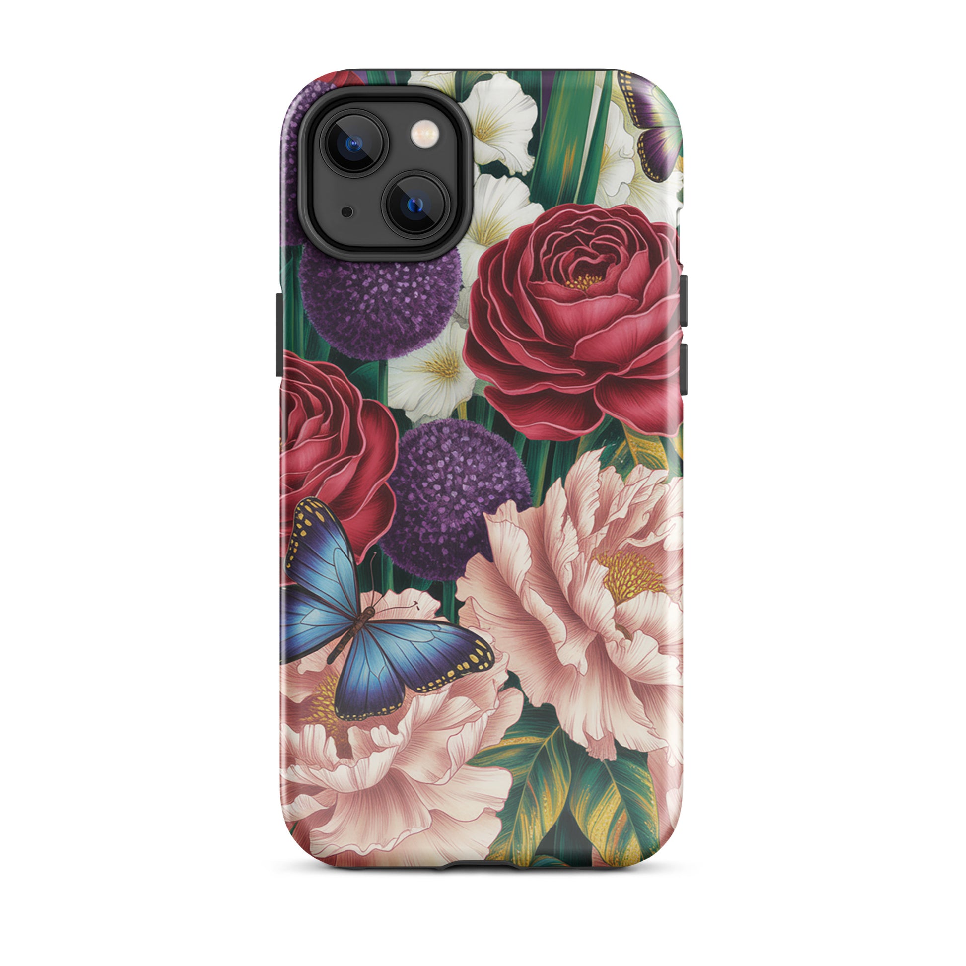 Phone Case for iPhone Botanical Garden Bloom with roses, peonies, alliums, foliage, butterflies on designer case