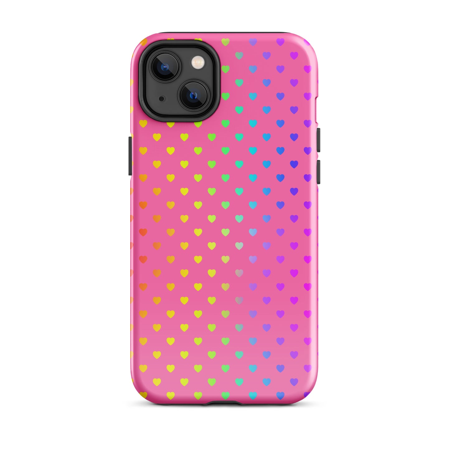 Phone Case for iPhone with colorful rainbow heart design on pink background, showcasing playful style and dual-layer protection.