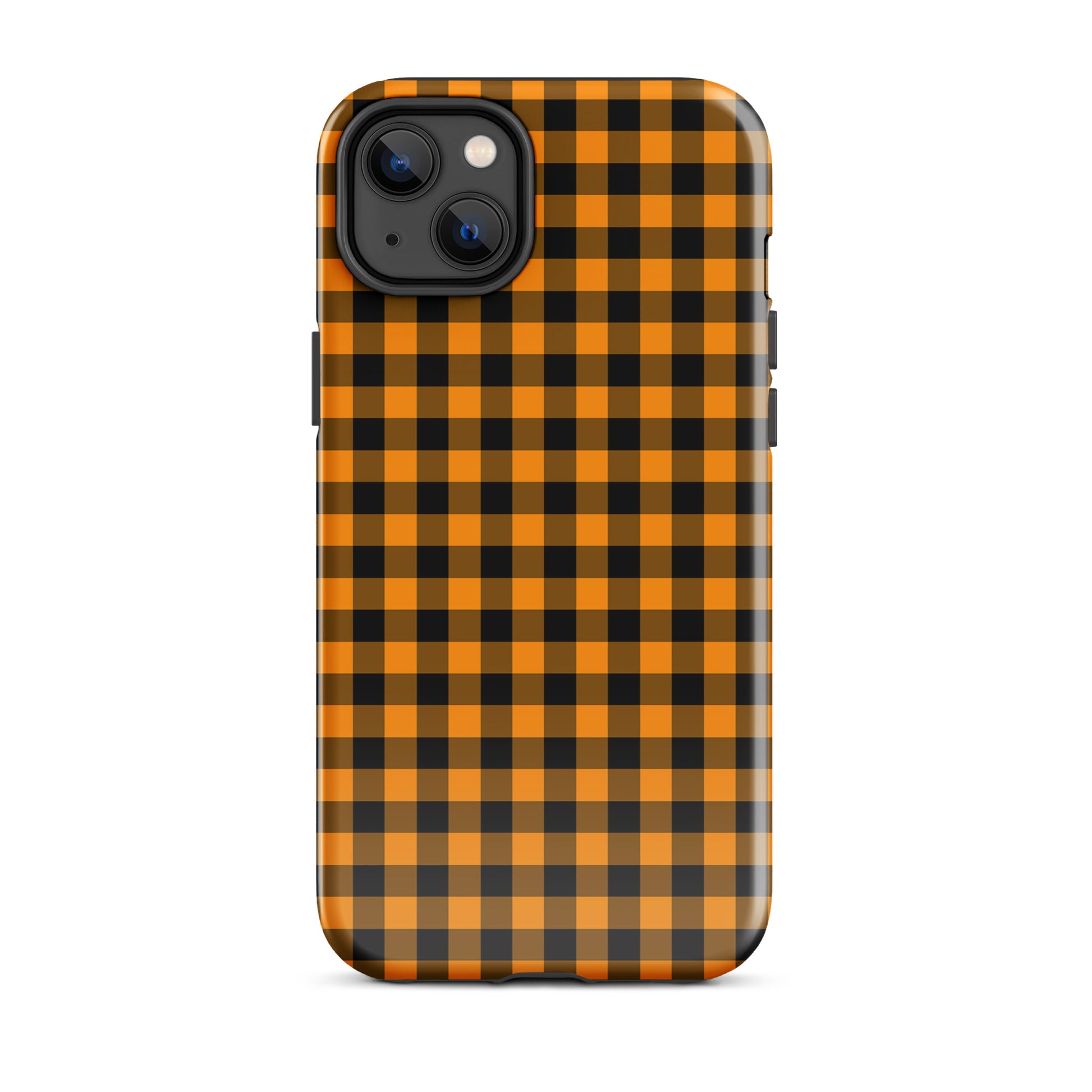 Black-and-orange gingham phone case for iPhone with autumn theme design