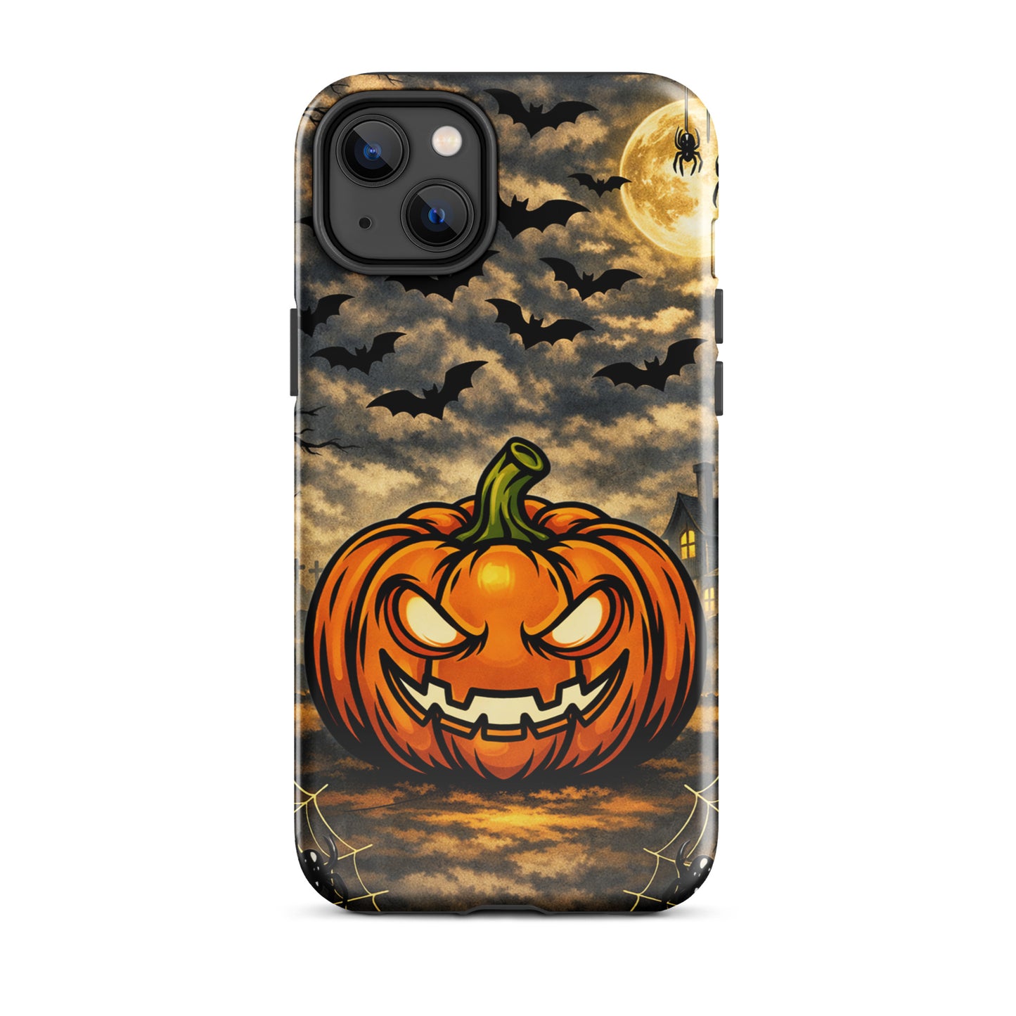 Phone Case for iPhone featuring a haunted pumpkin, moonlit clouds, bats, and spooky house Halloween design