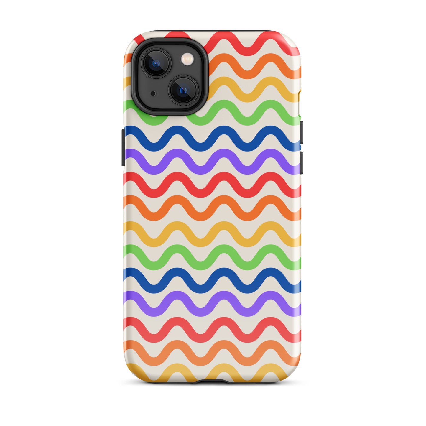 Phone Case for iPhone with wavy rainbow pattern, featuring purple, red, orange, yellow, green, and blue lines on a white backdrop.