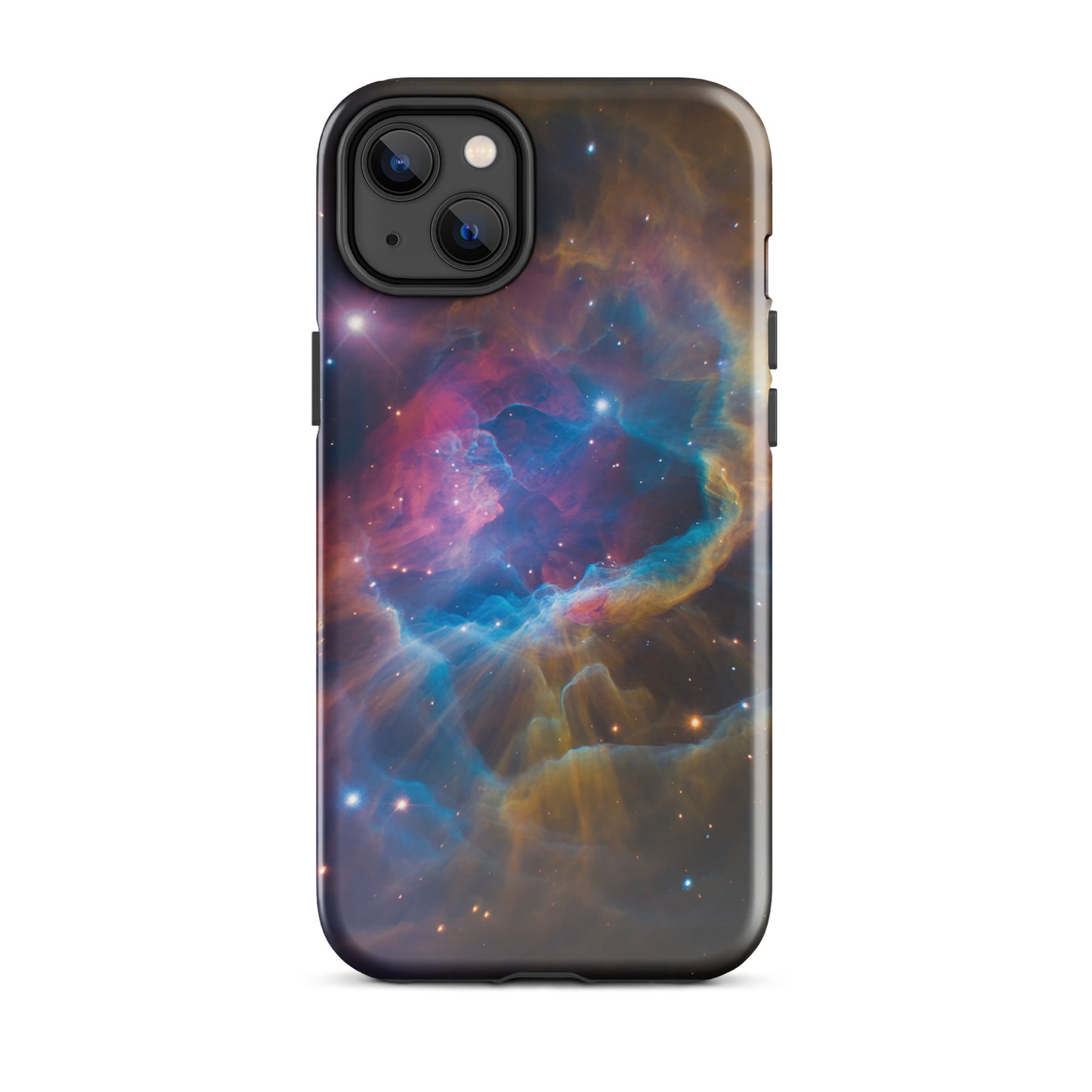 Phone Case for iPhone with nebula cosmic dreamscape design featuring electric blues, fiery oranges, and pinks, galaxy starburst edition.