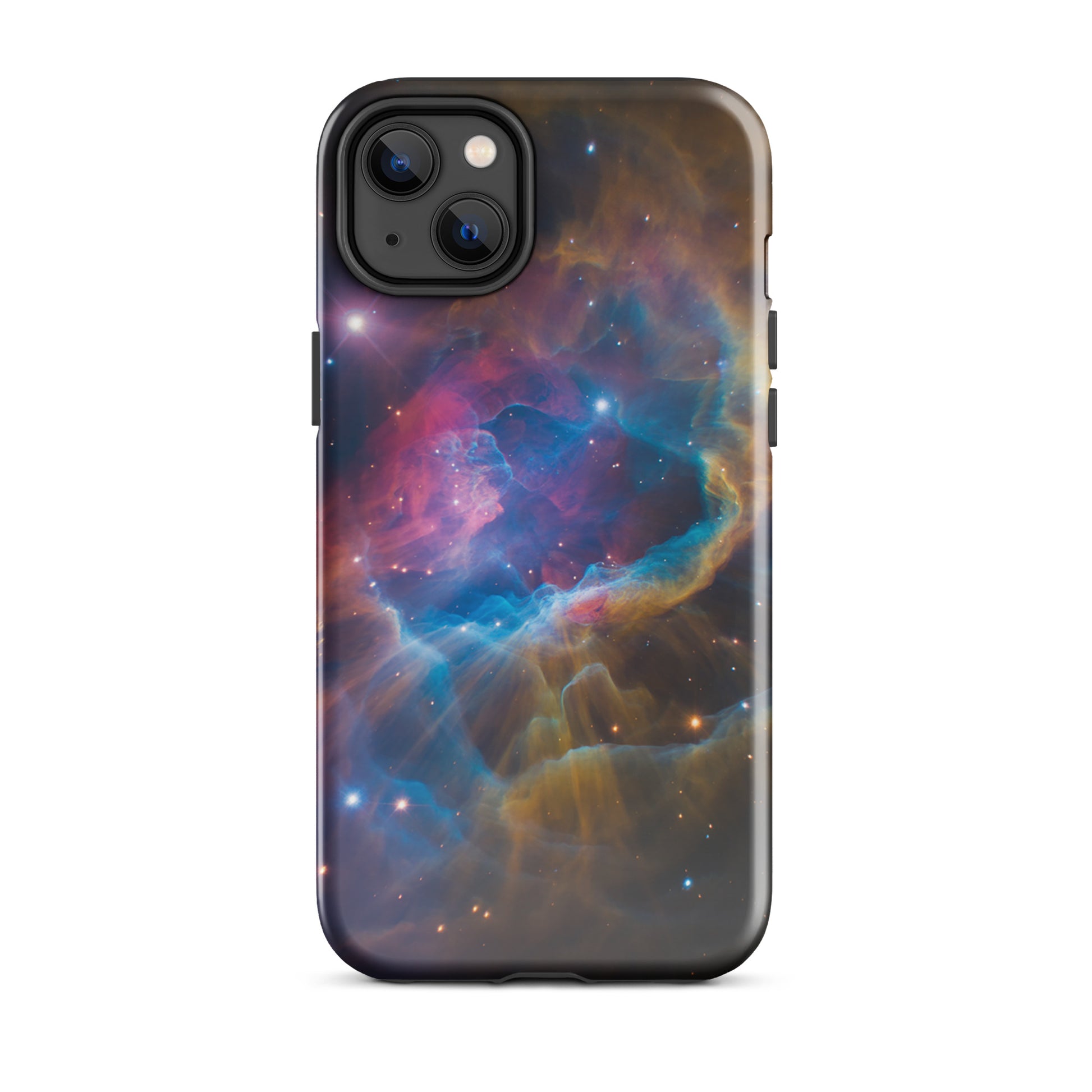 Phone Case for iPhone with nebula cosmic dreamscape design featuring electric blues, fiery oranges, and pinks, galaxy starburst edition.