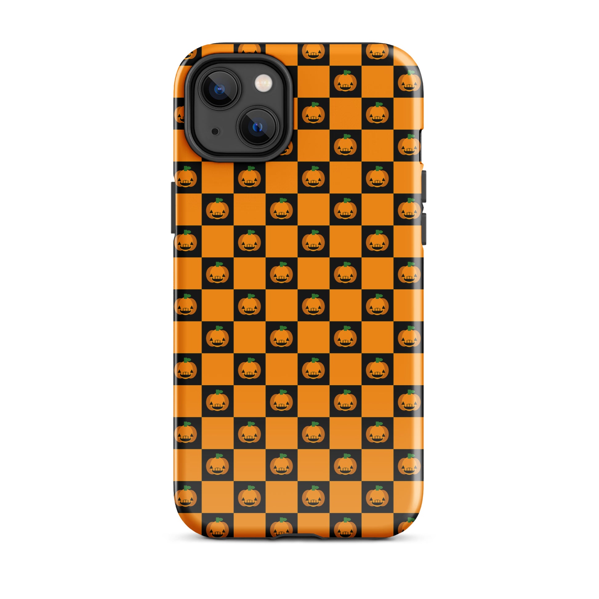 Phone Case for iPhone with playful pumpkin checkered Halloween design featuring orange and black squares with jack-o’-lanterns.
