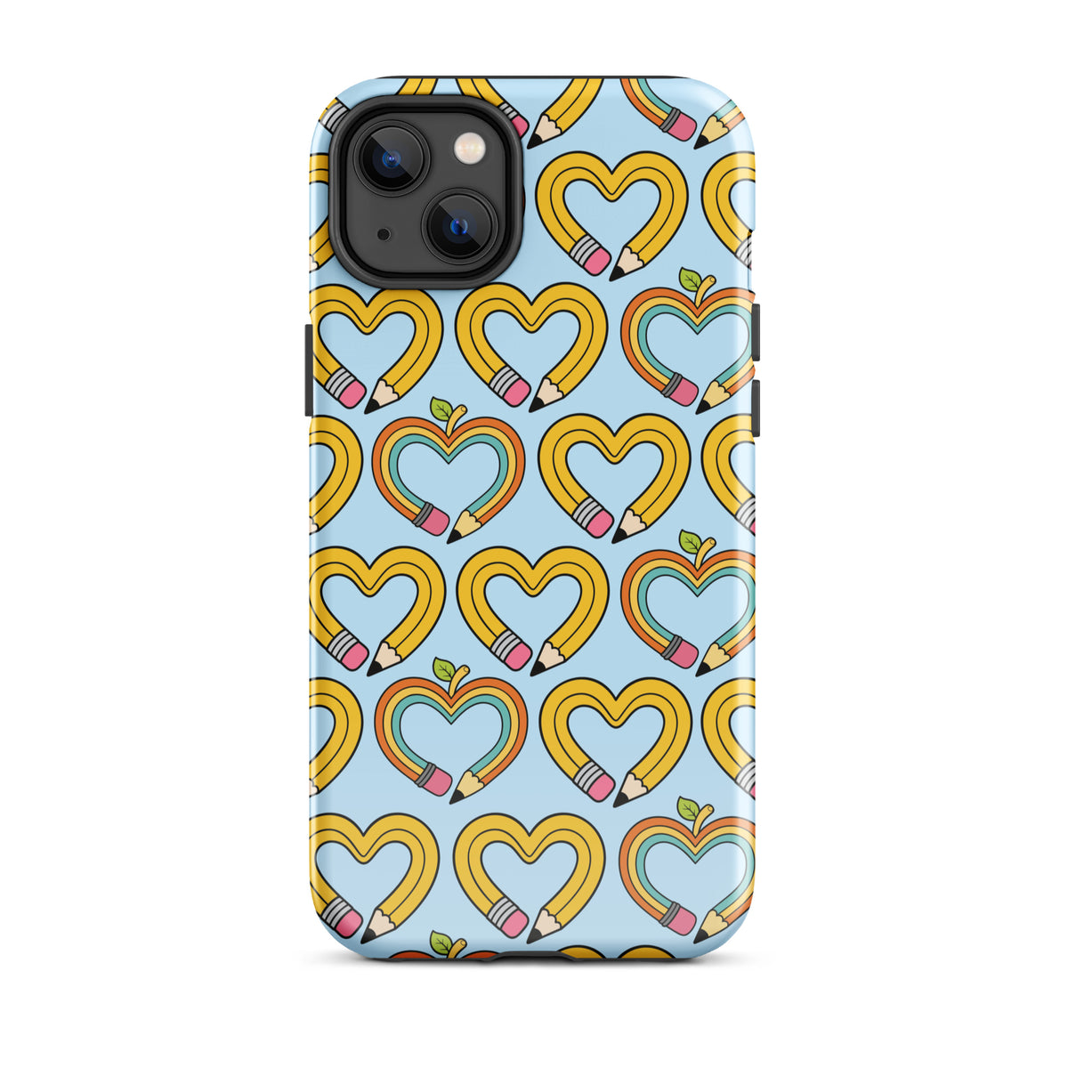 Phone Case with playful pencil-heart pattern for iPhone, featuring creative heart-shaped pencils and green leaves on a blue background.