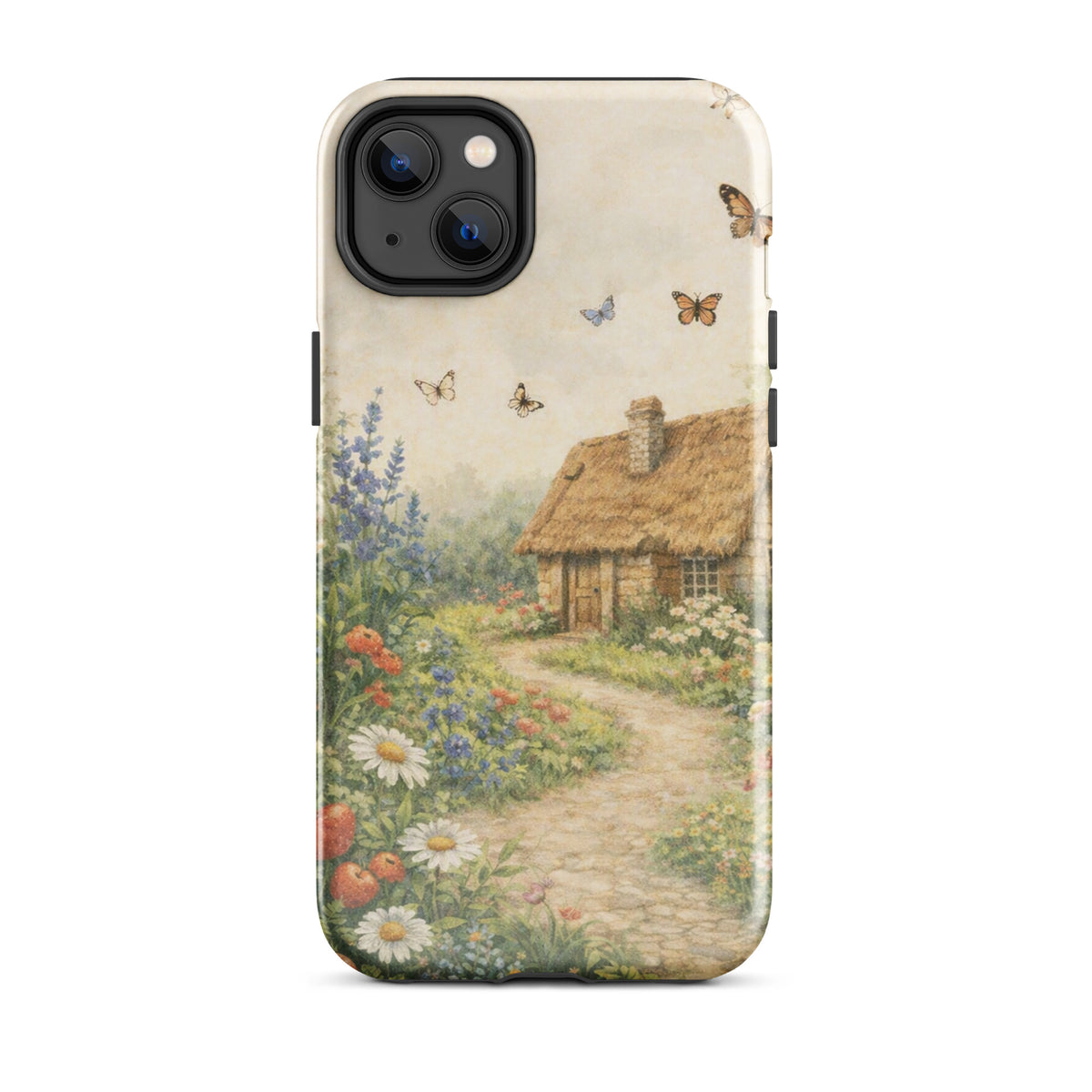 Phone Case with cottage garden art featuring a stone cottage, daisies, poppies, and butterflies on a cream background.