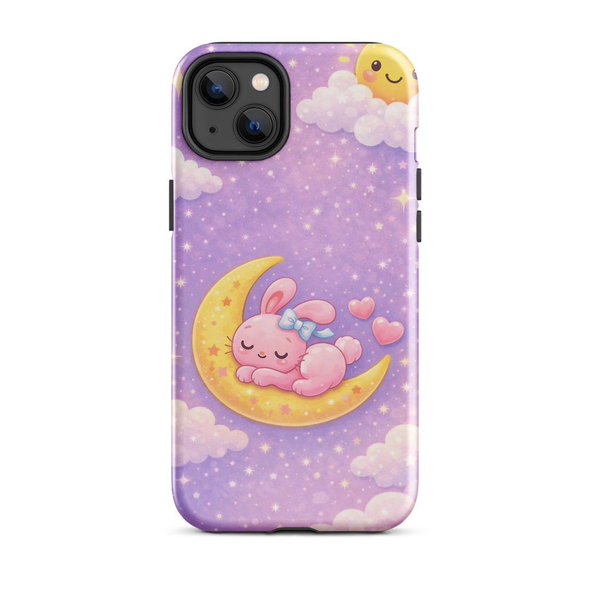 Phone Case with dreamy bunny moon design, featuring pink bunny on crescent moon with stars, for iPhone.