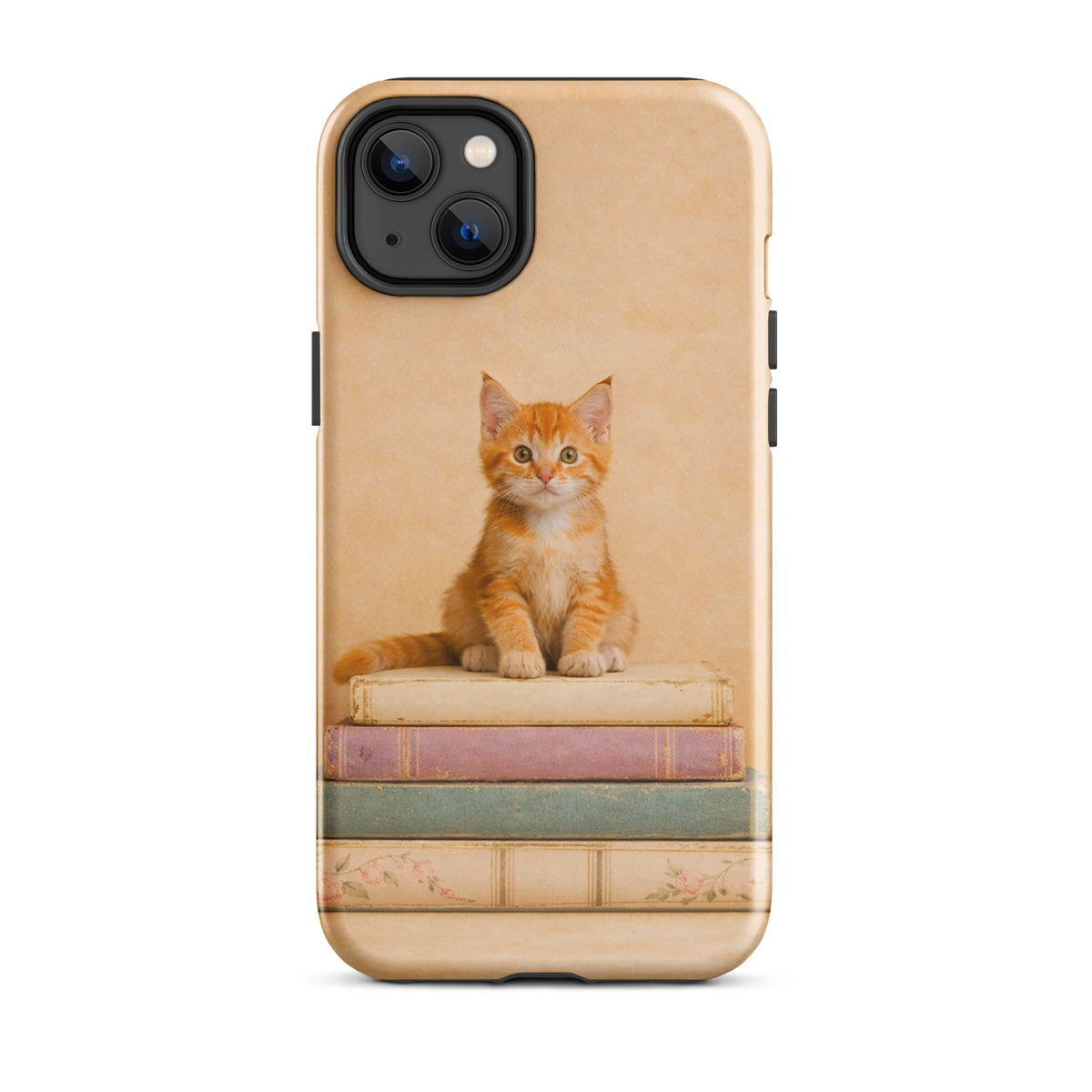 Phone Case with cozy kitten on vintage books design for iPhone, featuring orange tabby cat and pastel books for artful charm.