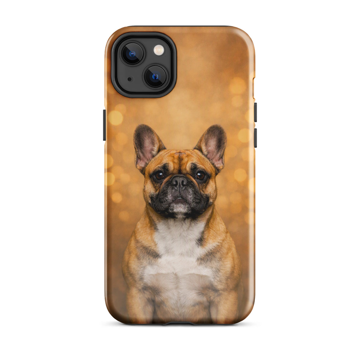 Phone Case for iPhone featuring French Bulldog portrait with warm golden bokeh background, adding charm and character to your device.