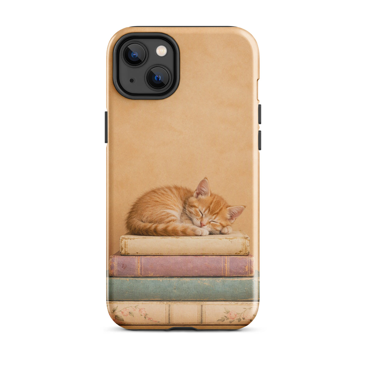 Phone Case for iPhone with adorable kitten sleeping on vintage books, cozy orange cat illustration on book stack.