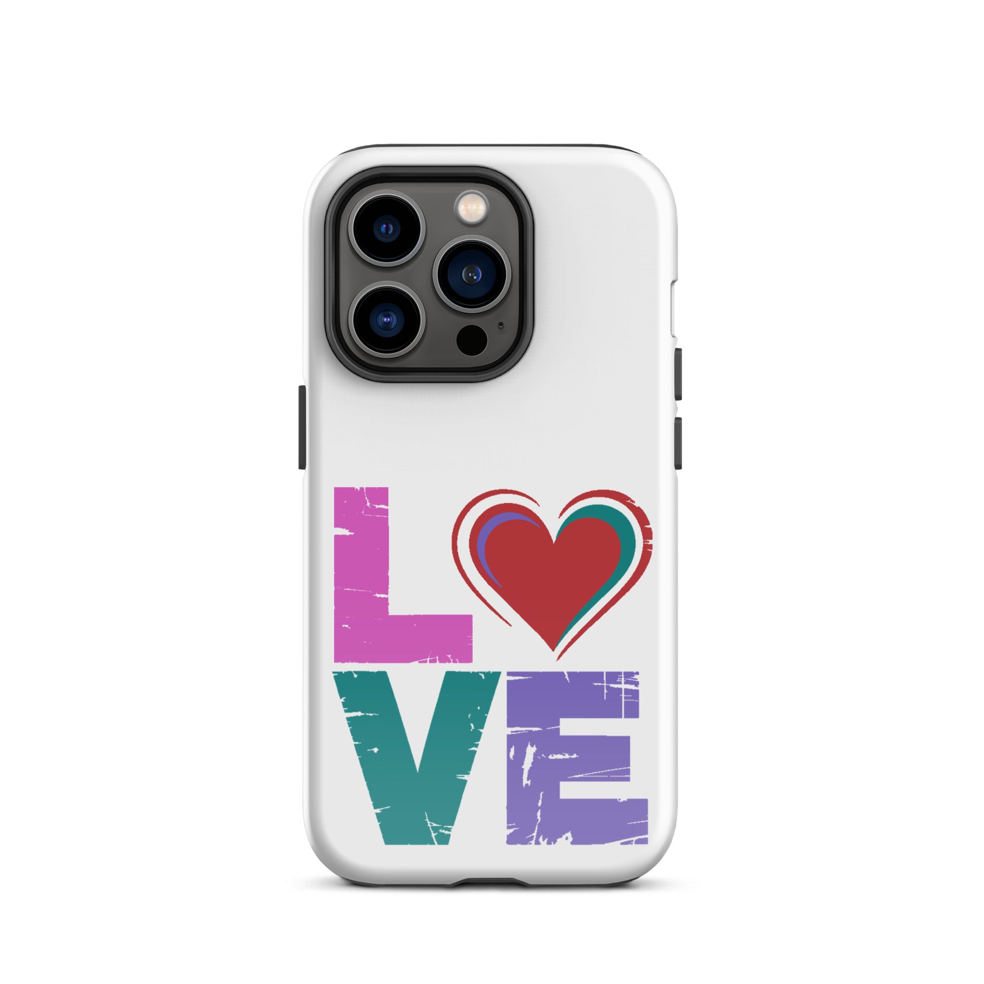 Love Tough Dual Layerd Case for iPhones featuring colorful 'LOVE' design with heart.