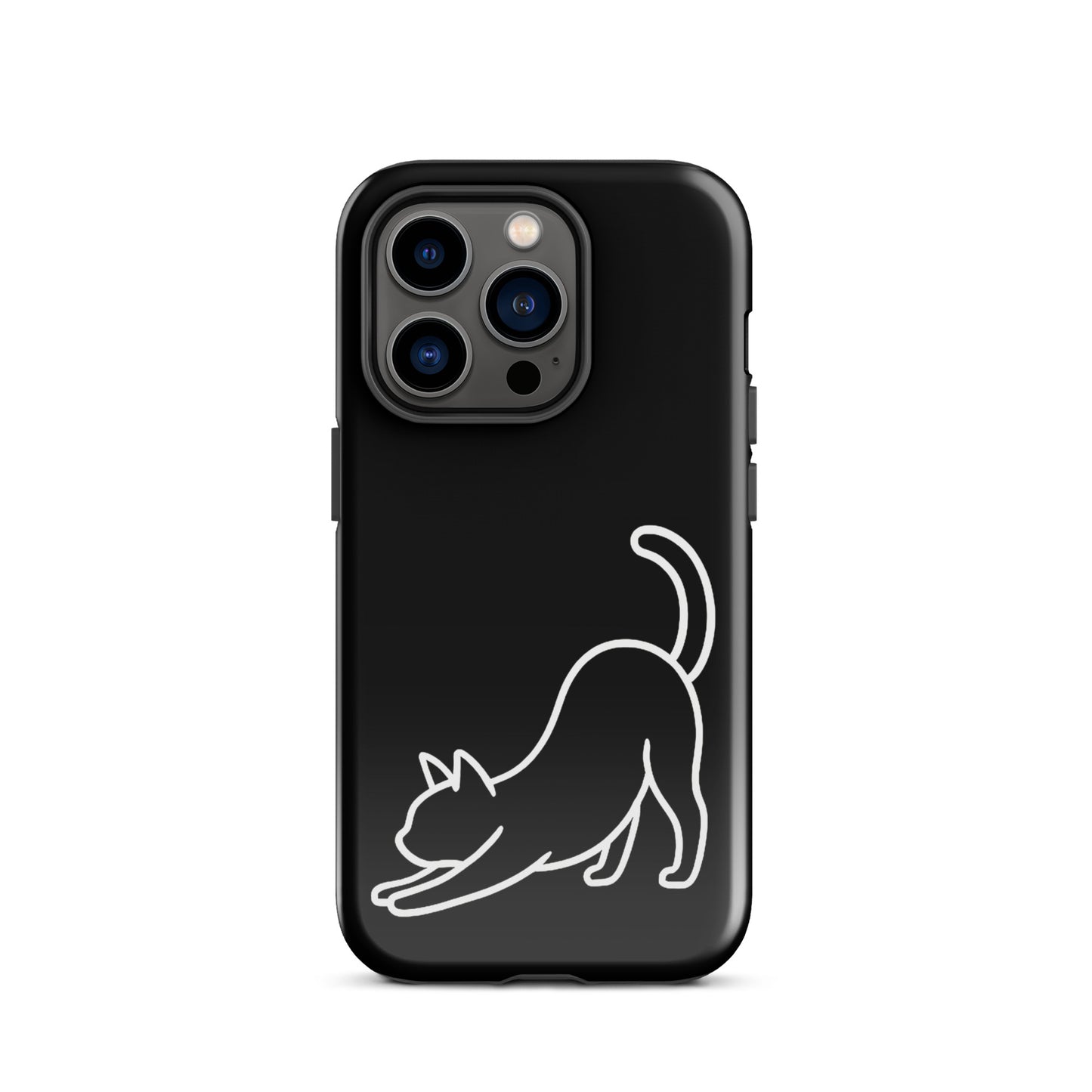Phone Case featuring a minimalist stretching cat design on a black background for dual-layer protection.