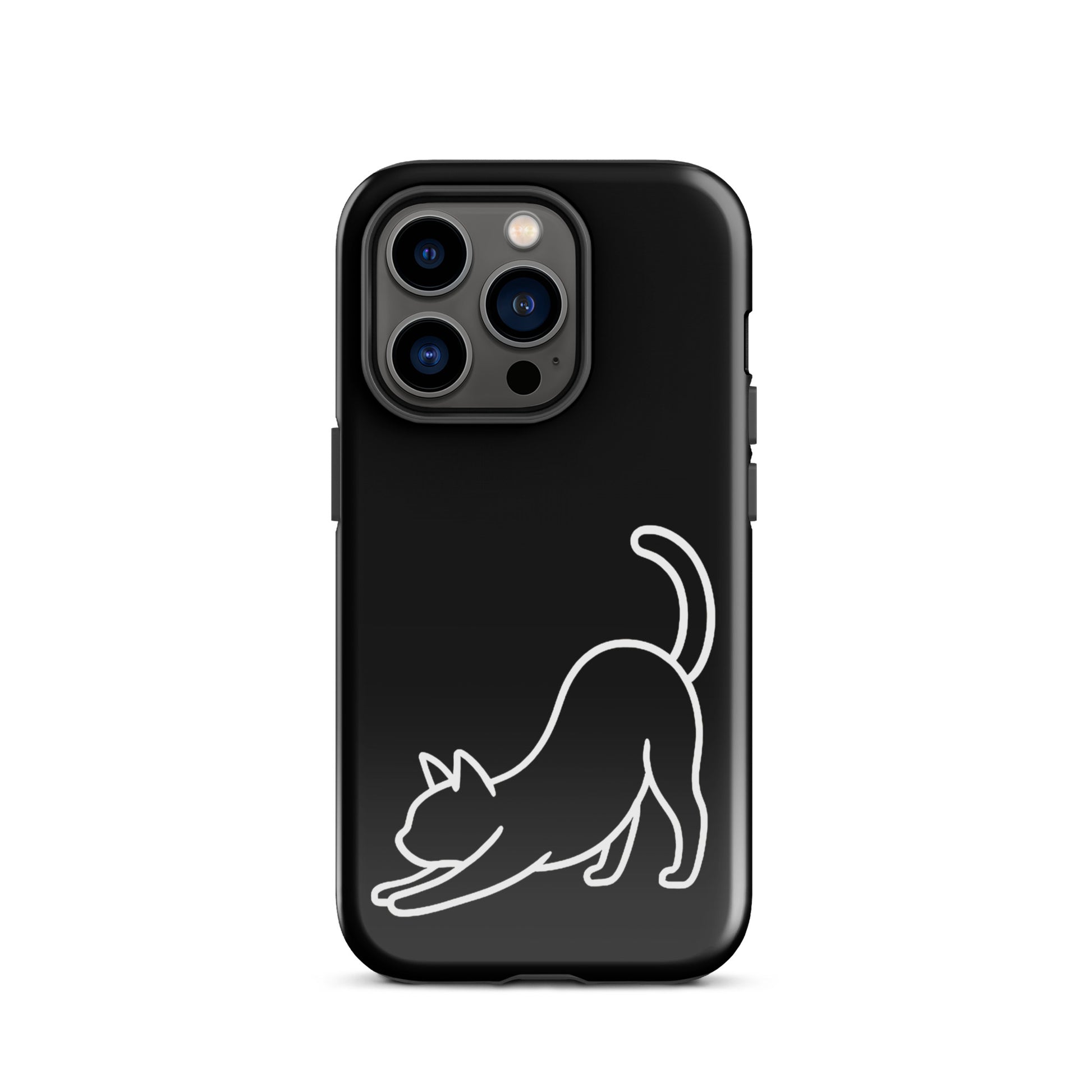 Phone Case featuring a minimalist stretching cat design on a black background for dual-layer protection.