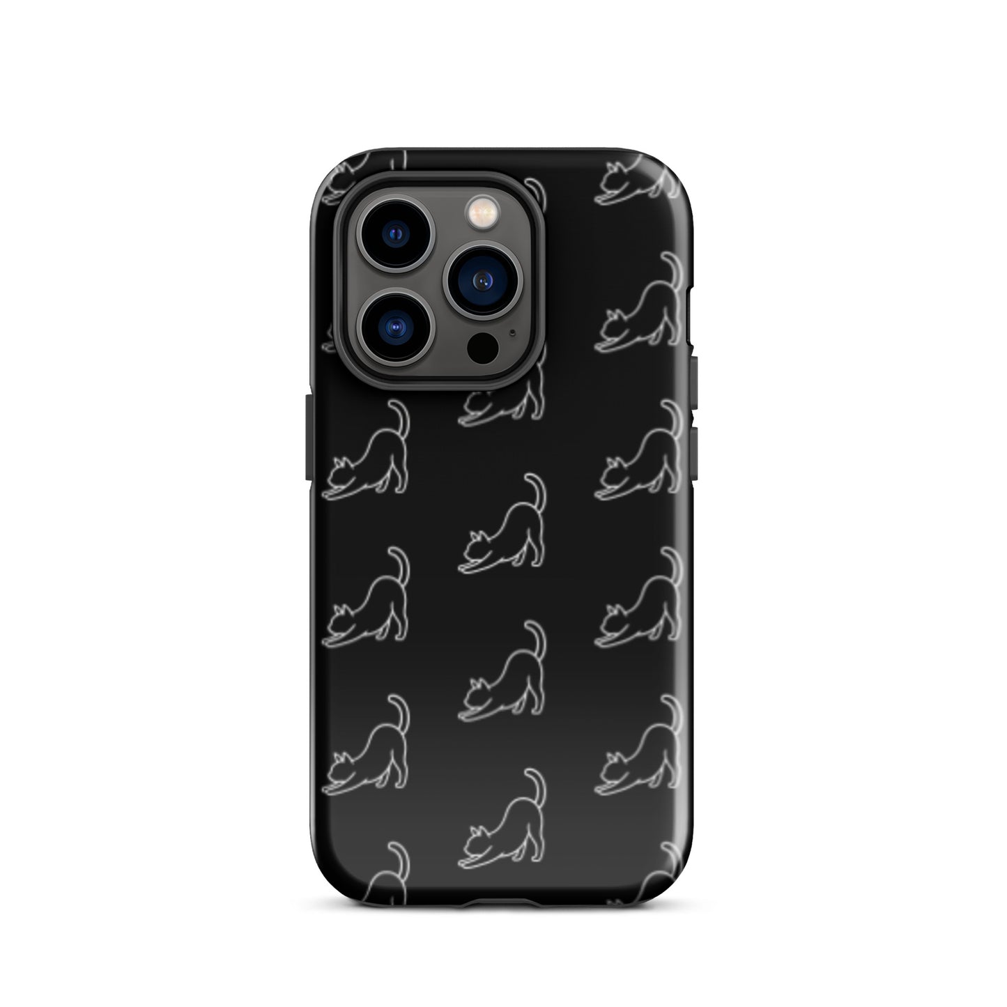 Phone Case for iPhone featuring a minimalist stretching cat pattern on a sleek black background.