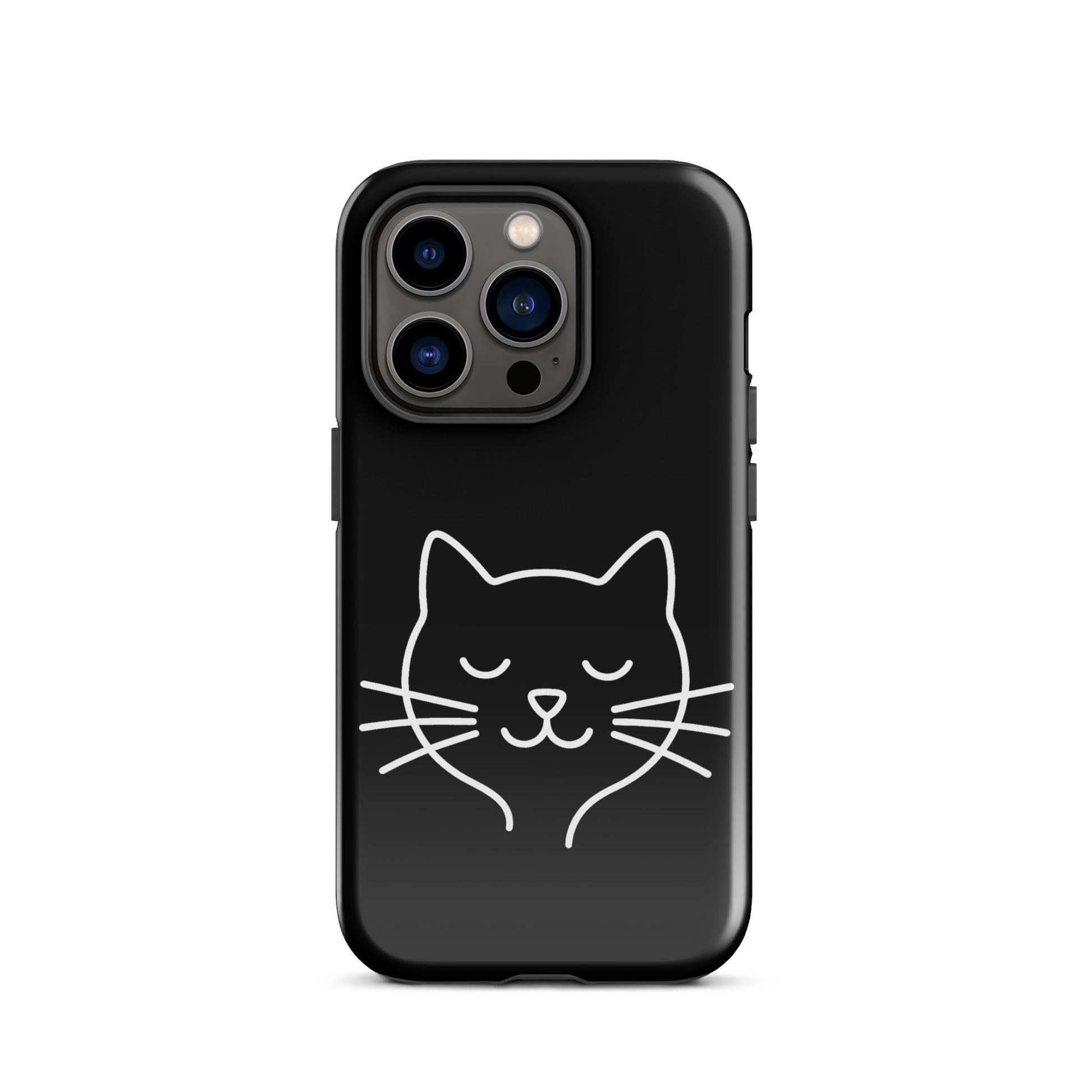 Phone Case for iPhone featuring cute minimalist cat line art design on a black background.