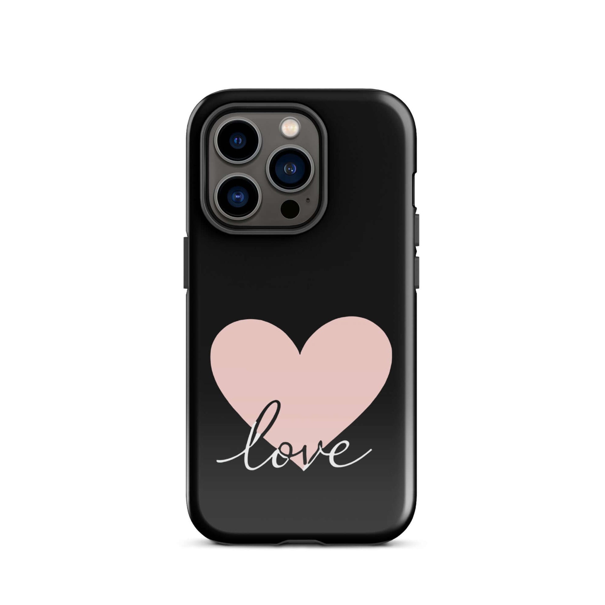 Phone Case for iPhone featuring a pink heart and elegant 'love' script on a black background.