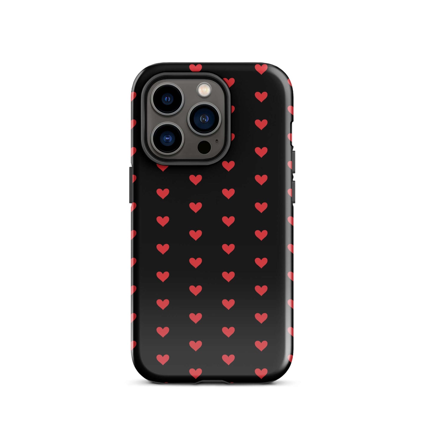 Phone Case for iPhone featuring a pattern of fiery red hearts on a black background.