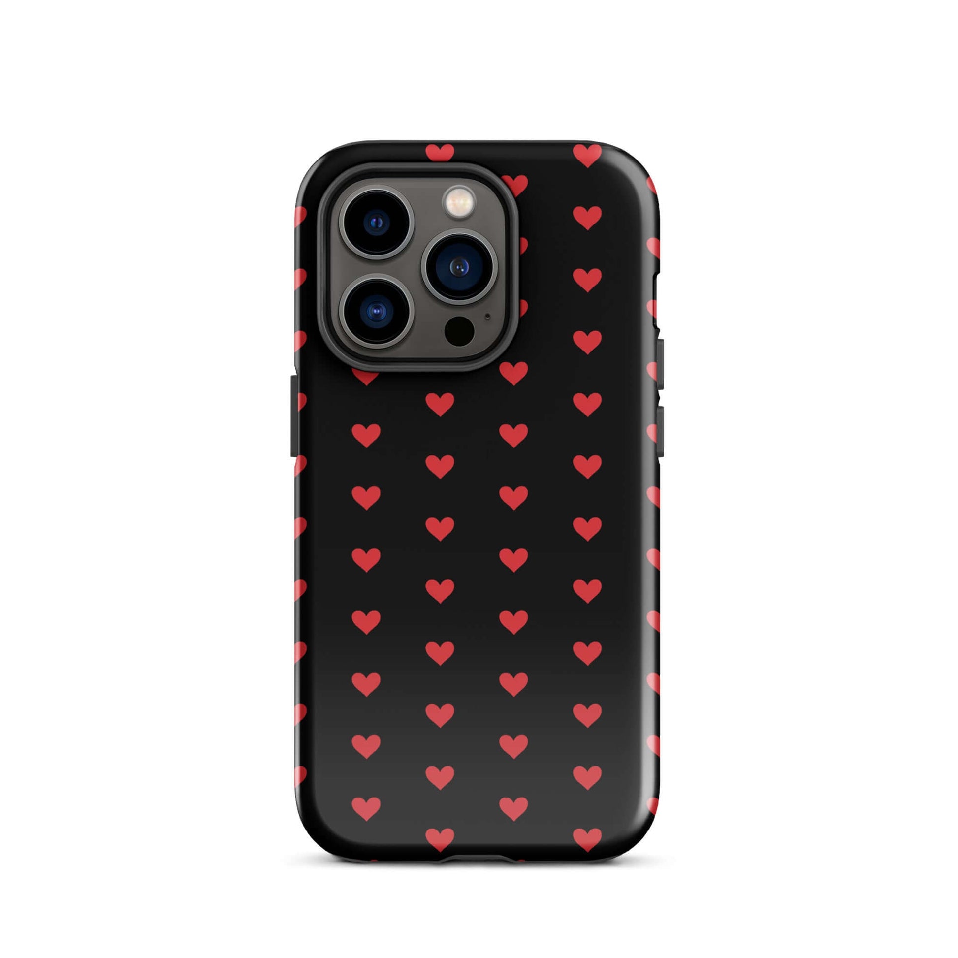 Phone Case for iPhone featuring a pattern of fiery red hearts on a black background.