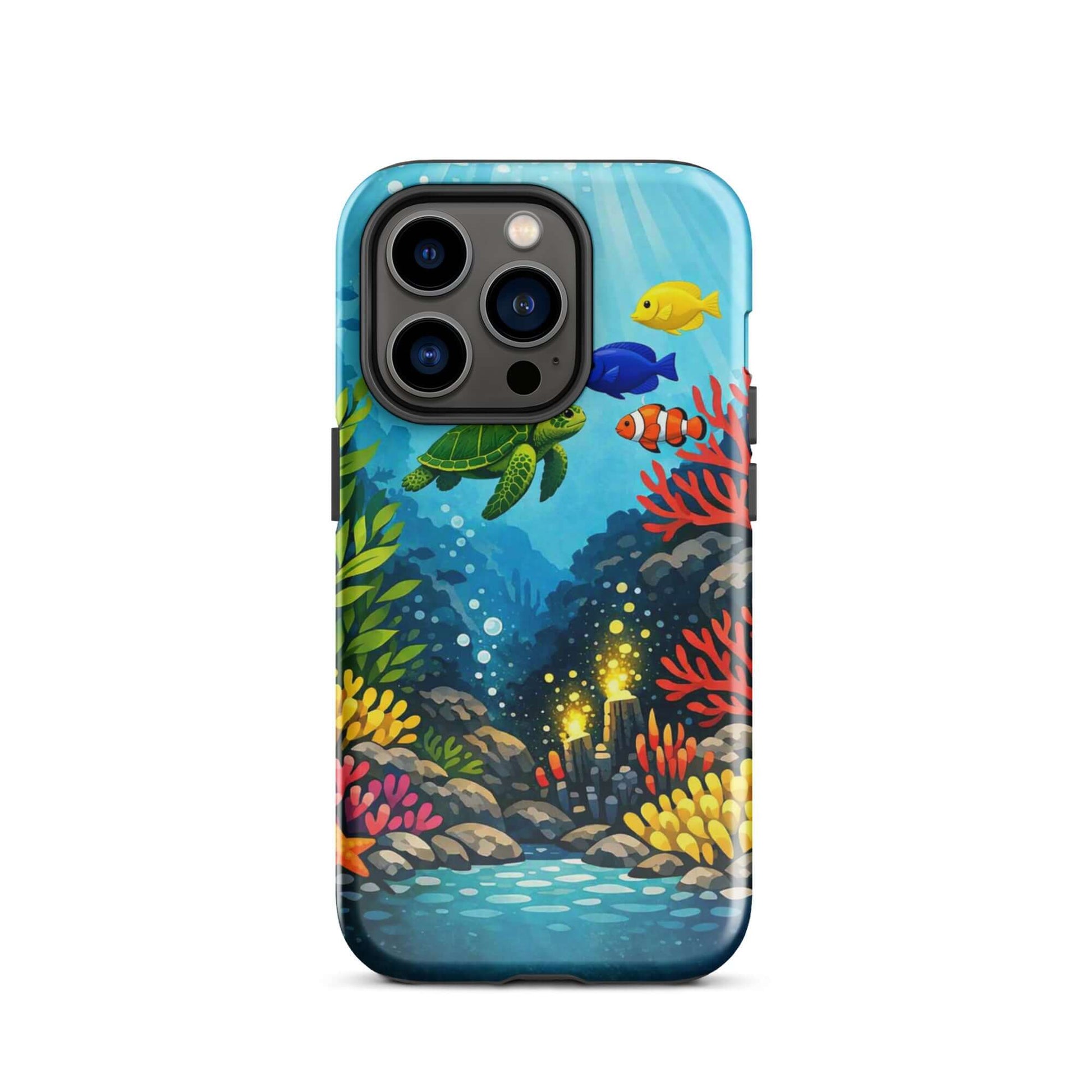 Phone case for iPhone featuring vibrant sea turtle and coral reef design with colorful fish.