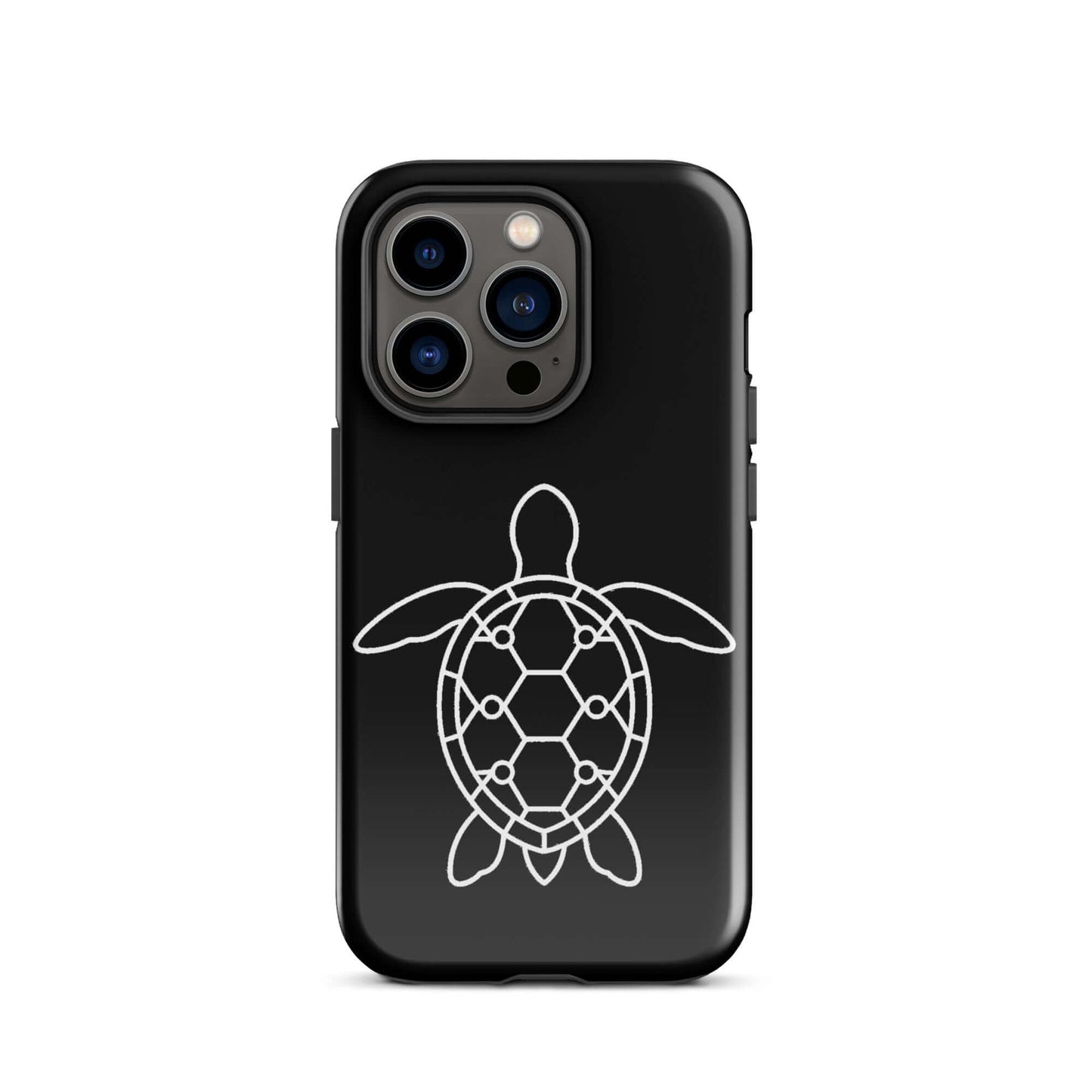 Phone case featuring a minimalist sea turtle silhouette with a geometric pattern on a sleek black background.