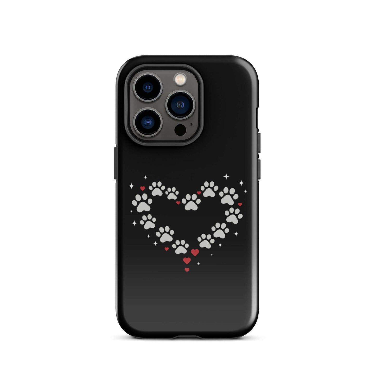 Phone Case for iPhone featuring a paw-print heart design on a black background, perfect for pet lovers.