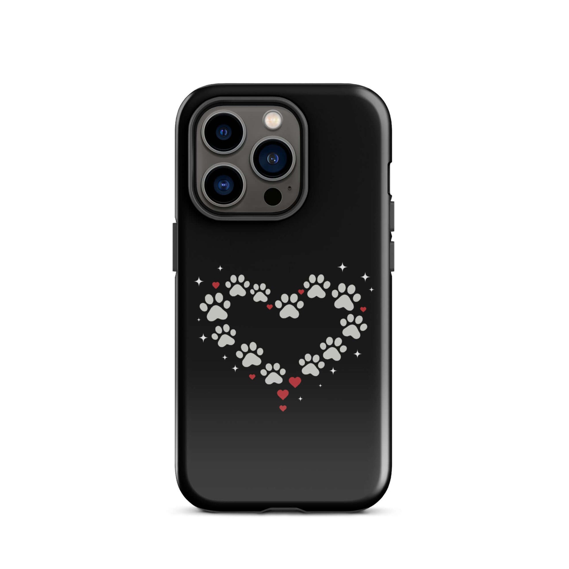 Phone Case for iPhone featuring a paw-print heart design on a black background, perfect for pet lovers.