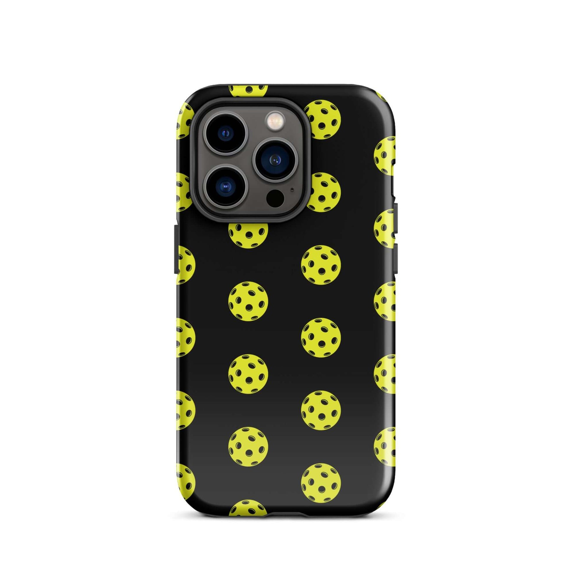 Phone Case with pickleball pattern in vibrant yellow on black background, perfect for sporty style.