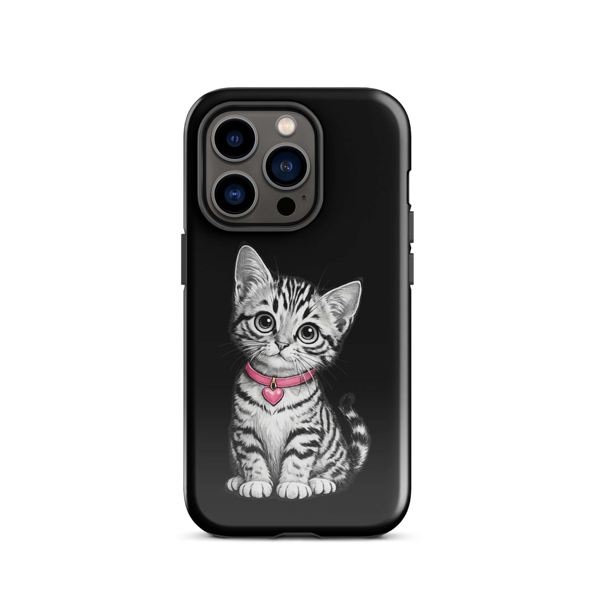 Phone Case for iPhone with pencil sketch kitten and pink heart charm design