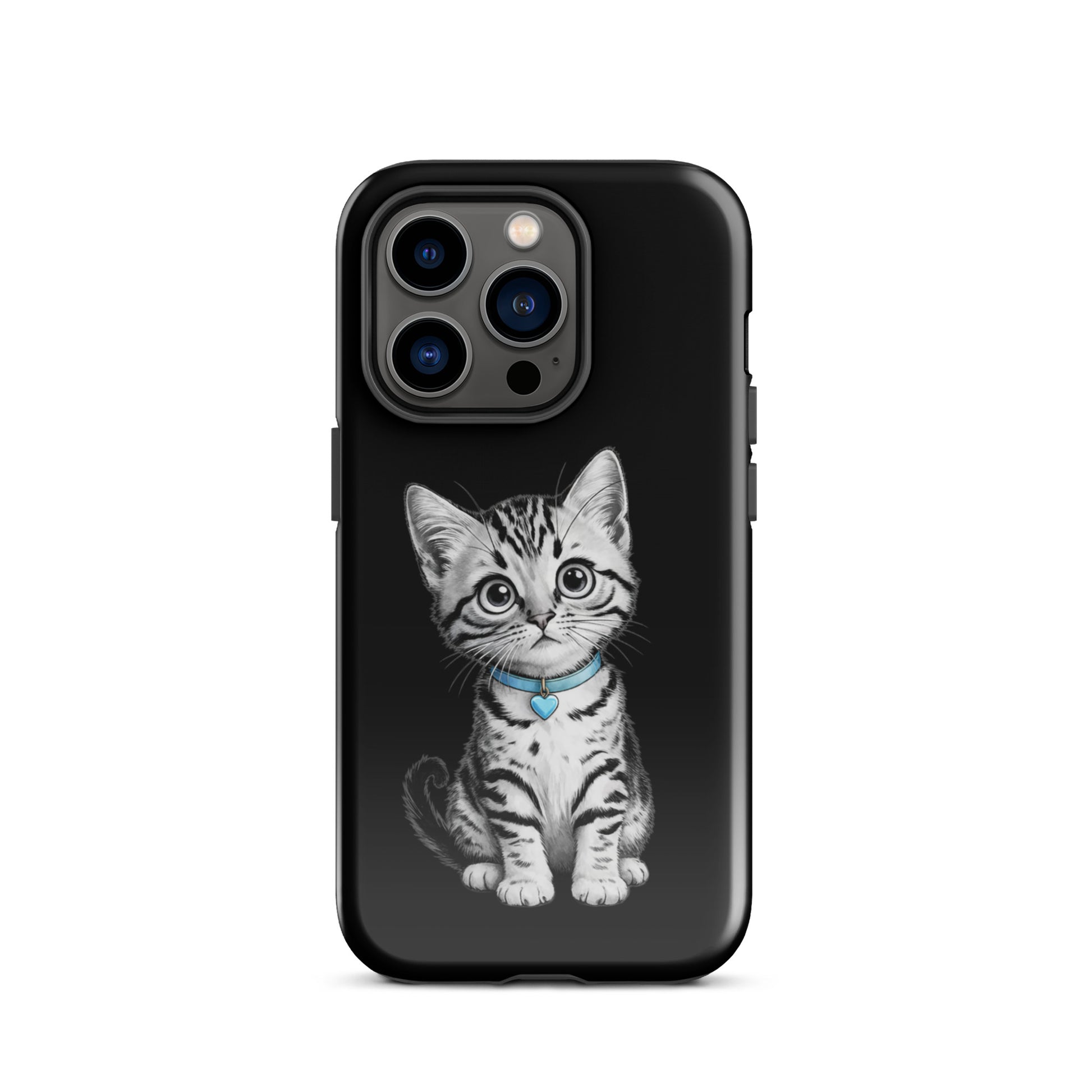 Phone Case featuring a sketch of a kitten with a blue heart charm on an iPhone case, blending art with protection.
