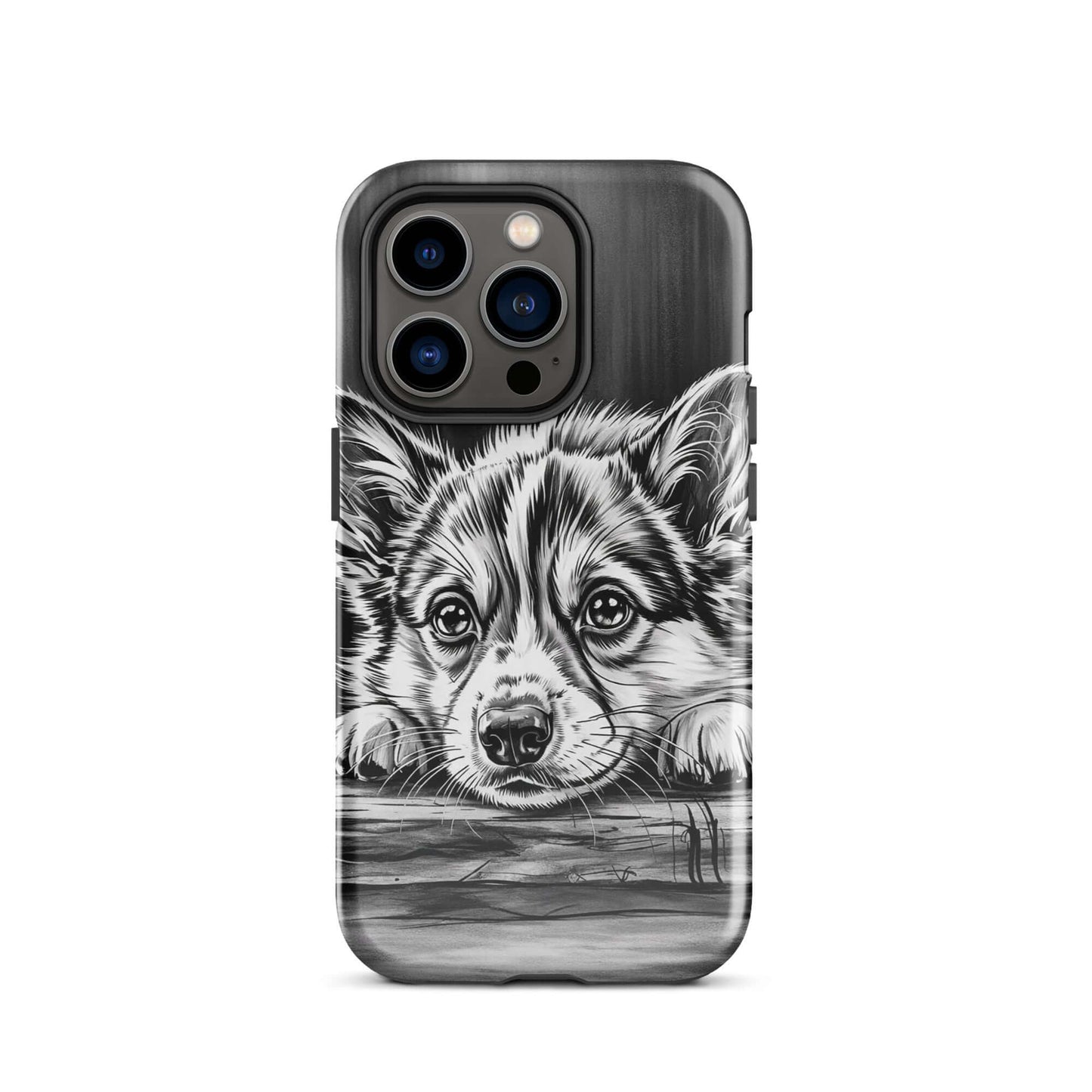 Phone Case with black-and-white puppy art on wood illustration, offering elegance and protection for iPhone.