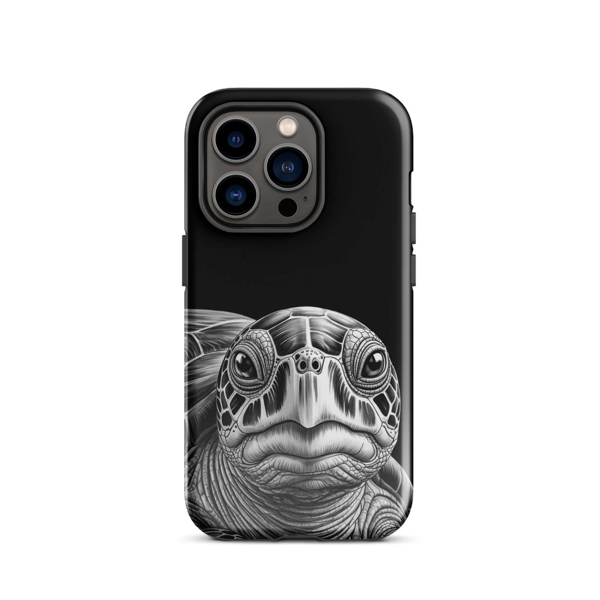 Phone Case with black-and-white ancient sea turtle art for iPhone, blending luxury and protection with a realistic turtle sketch.