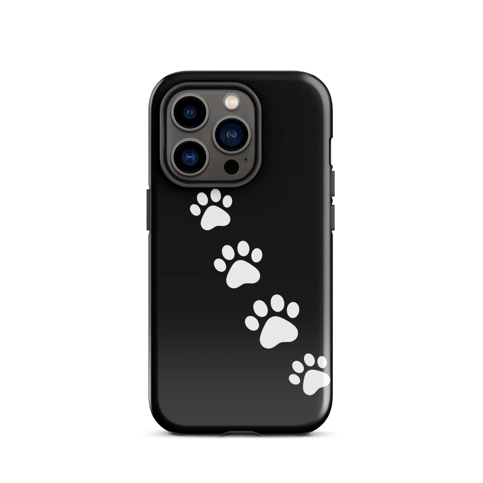 Phone case with paw-print trail design for pet lovers, featuring white paw prints on a black background.